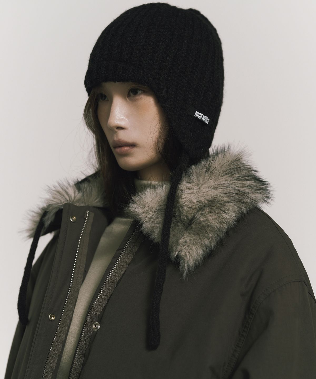 닉앤니콜(NICK&NICOLE) RIBBED KNIT EAR FLAP CAP_BLACK