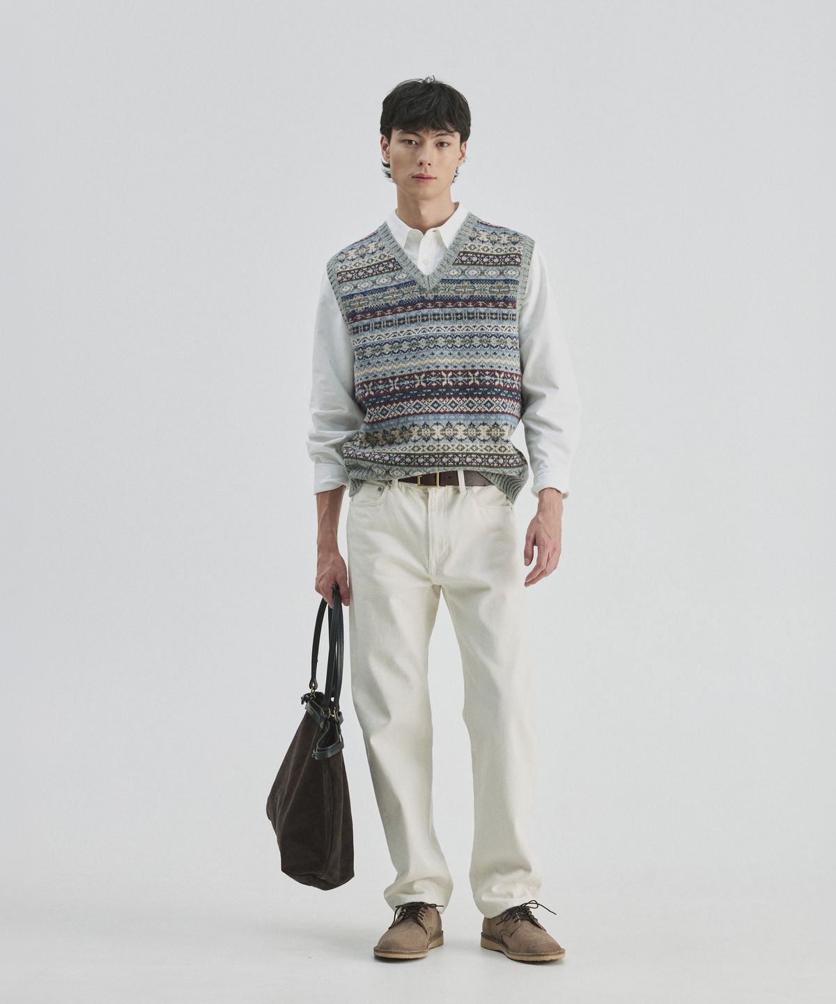 건지 울른스(Guernsey Woollens) 세인트피터 페어아일 브이넥 베스트 - 그레이