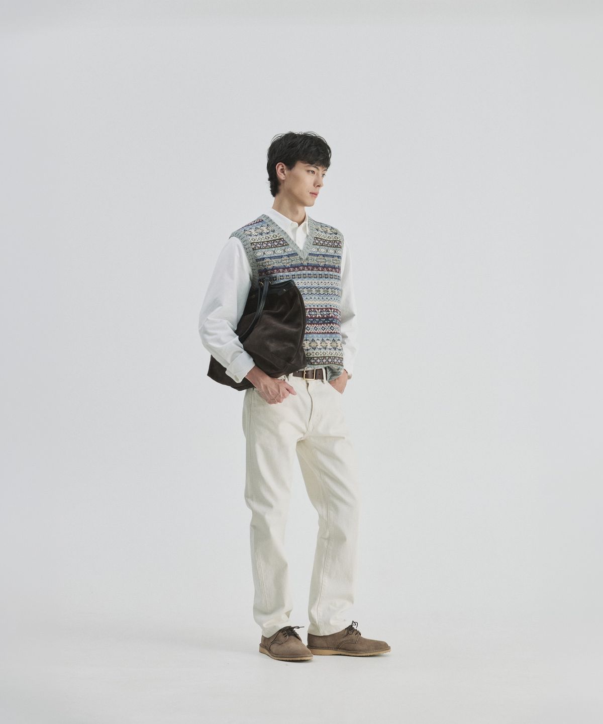 건지 울른스(Guernsey Woollens) 세인트피터 페어아일 브이넥 베스트 - 그레이