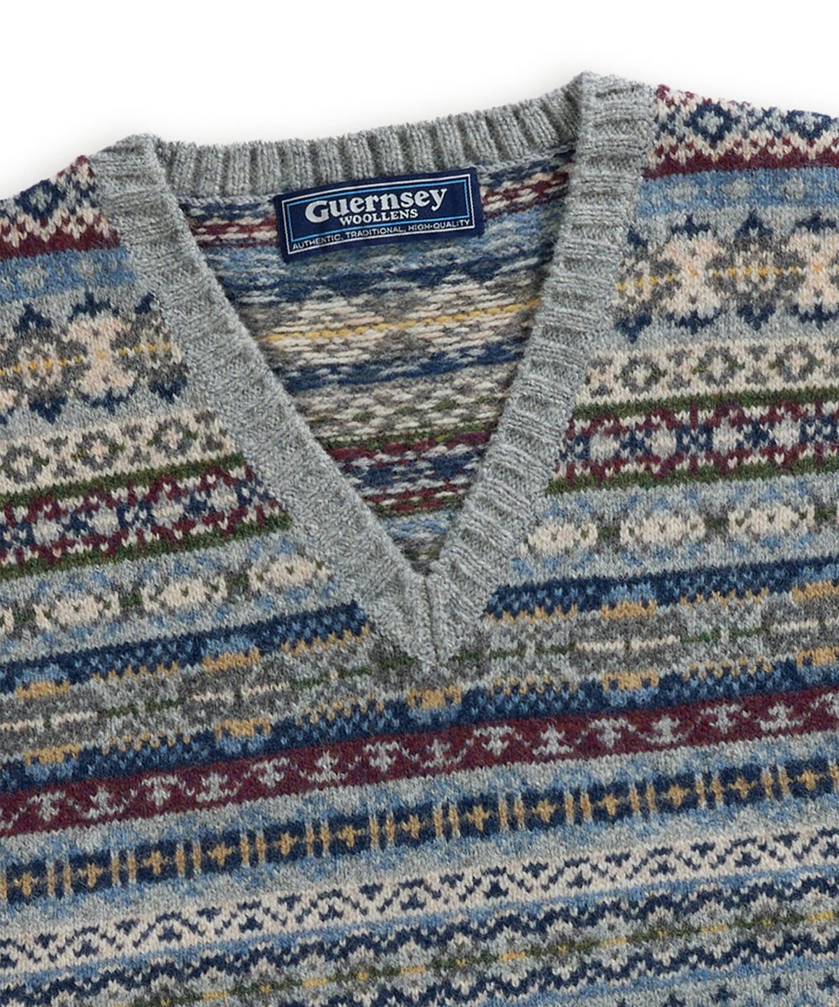 건지 울른스(Guernsey Woollens) 세인트피터 페어아일 브이넥 베스트 - 그레이