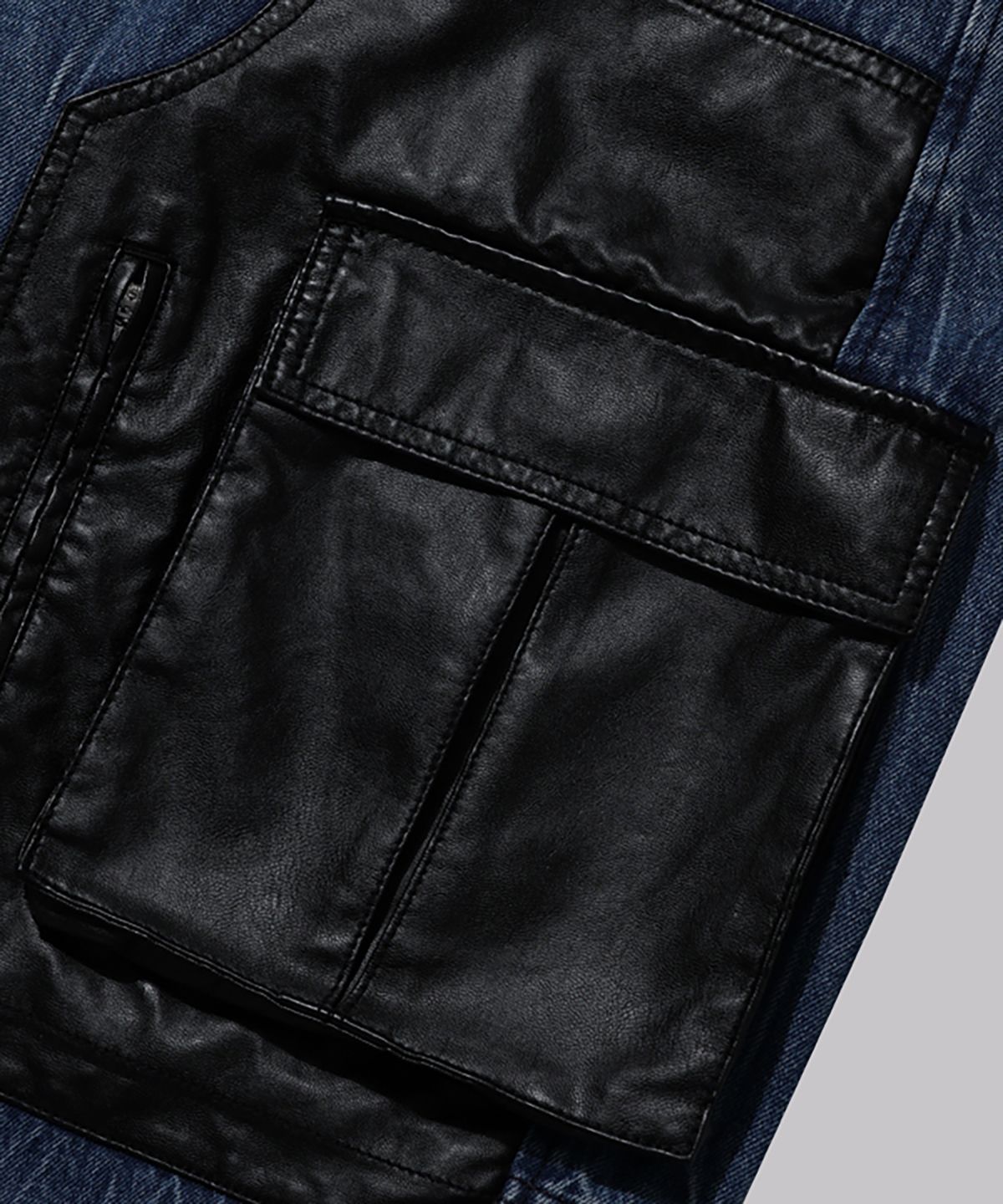 코너블레스(CORNERBLESS) FAKE LEATHER MIXED CARGO DENIM PANTS