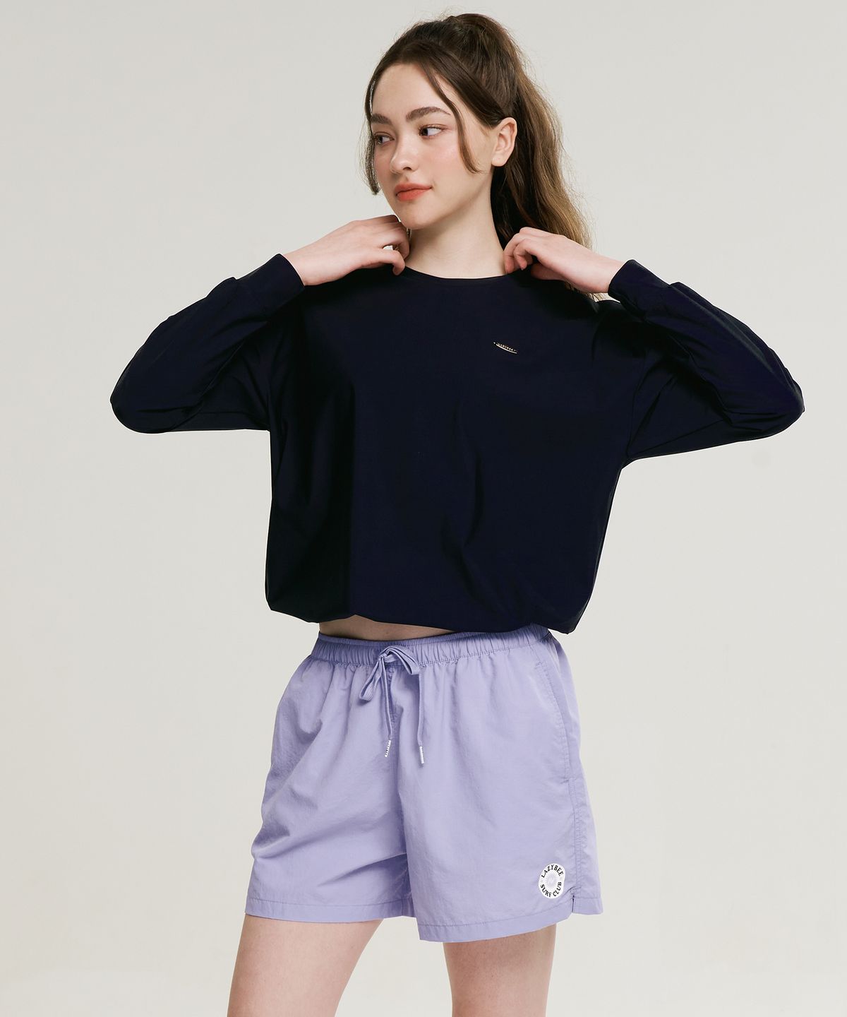 레이지비(LAZYBEE) [SET] 에어파스텔 스트링 여성 래쉬가드 + 컴포트 스윔 쇼츠 반바지 블랙