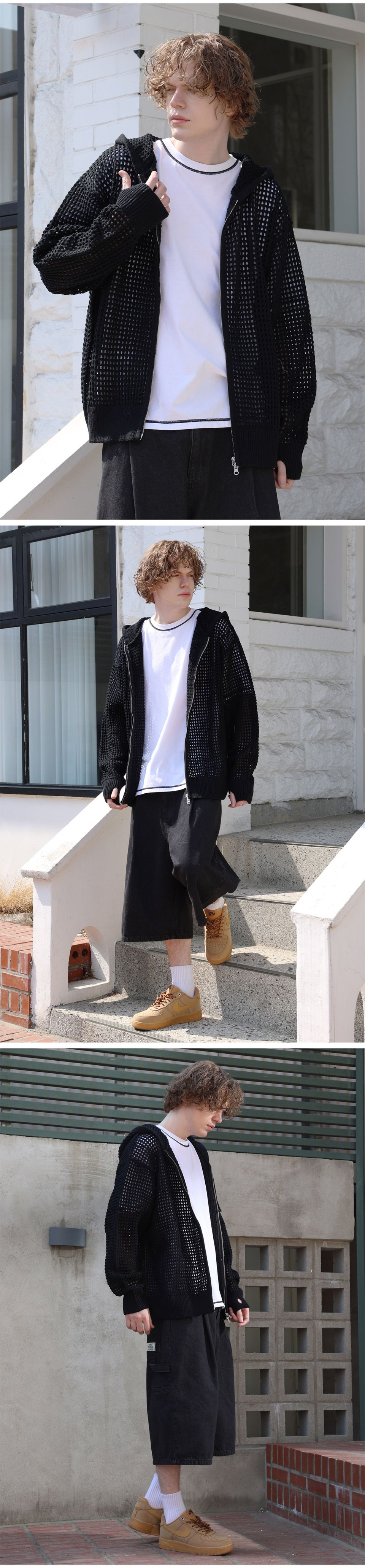 MUSINSA | GHOST REPUBLIC Punching Mesh Hooded Zip-Up Knit Black