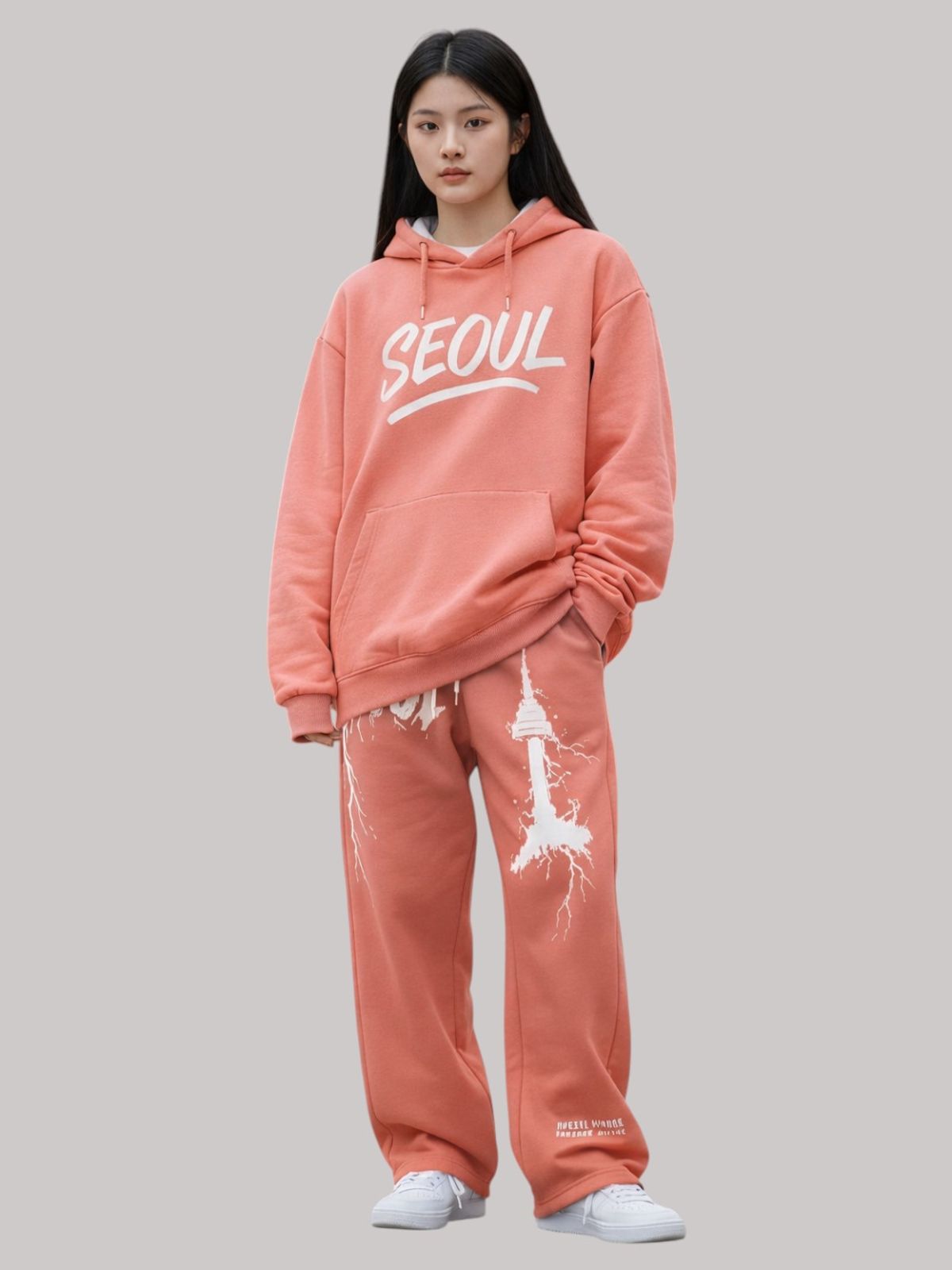 지블랙(ZBLACK) 글로벌 시티  오버핏 서울 후드 코랄