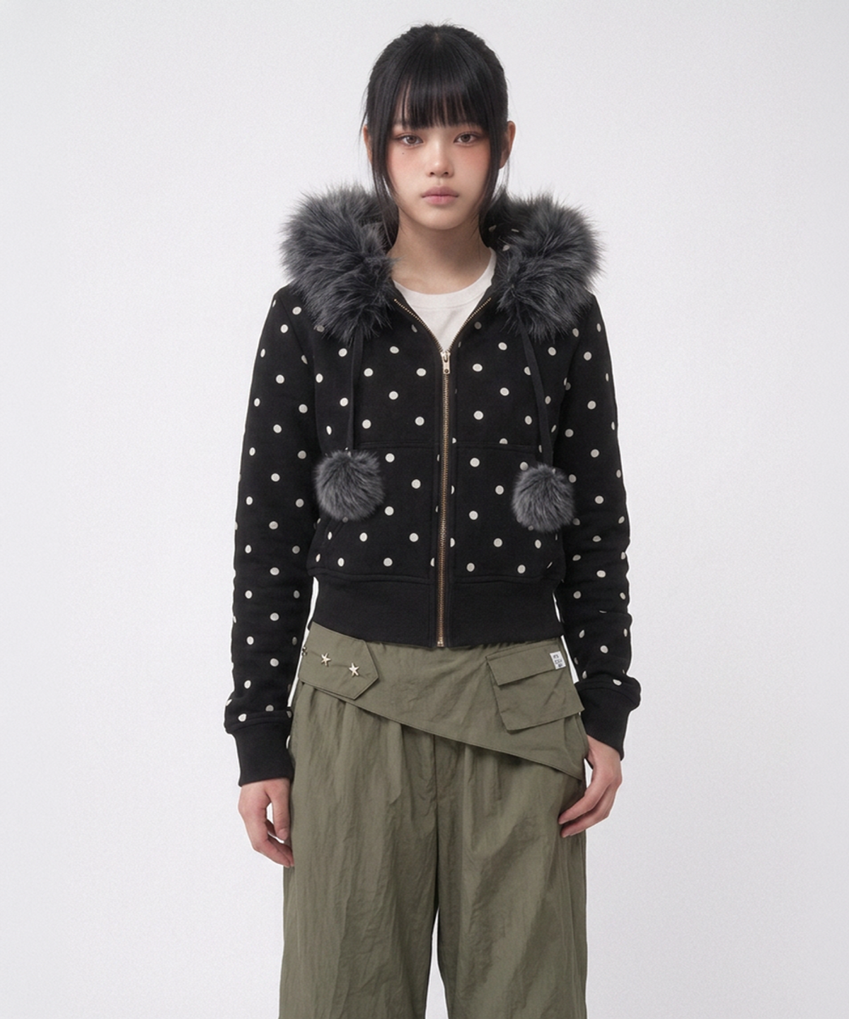 더그린랩(THE GREEN LAB) 퍼후드 도트 집업 [블랙]