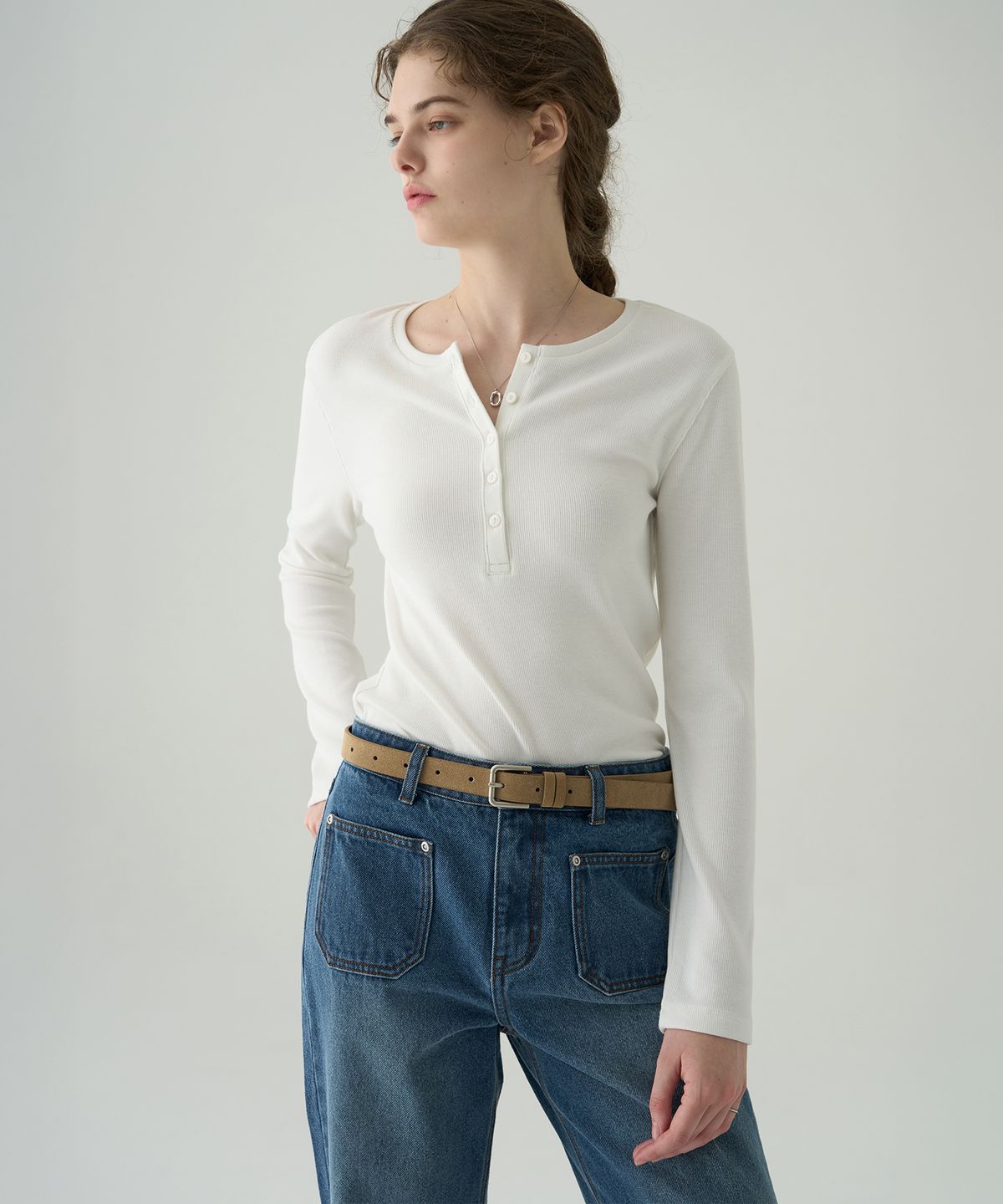 드로우핏 우먼(DRAWFIT WOMEN) 웨일 헨리넥 롱 슬리브 티셔츠 [OLIVE]