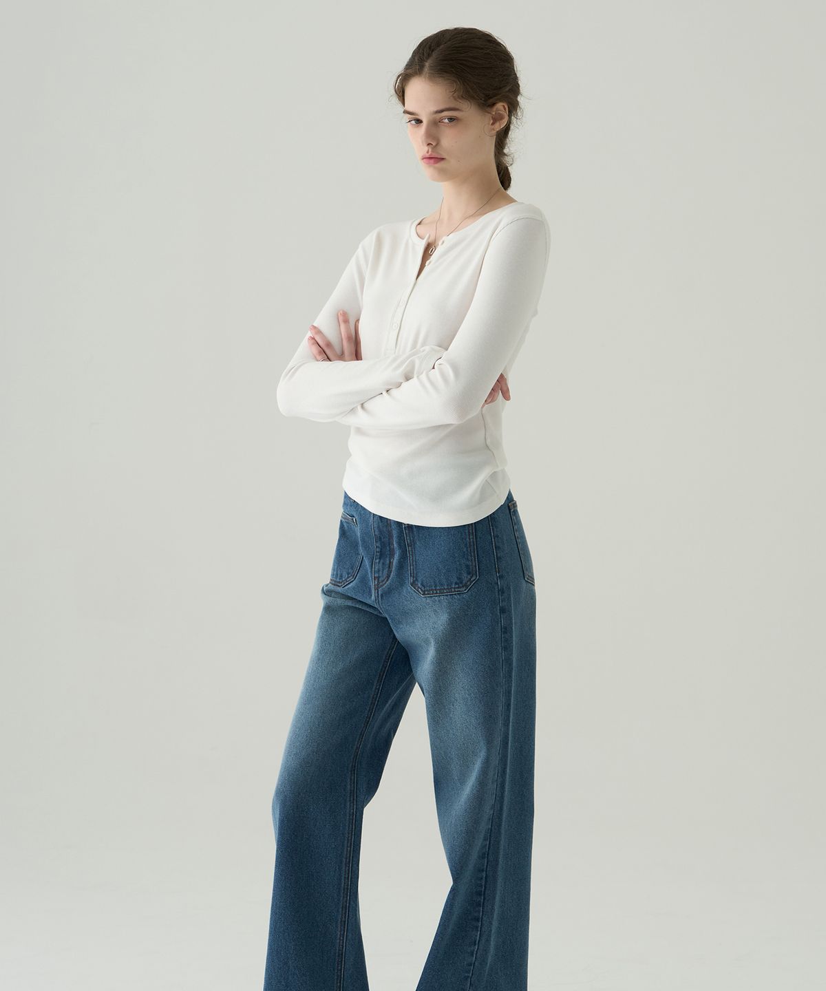 드로우핏 우먼(DRAWFIT WOMEN) 웨일 헨리넥 롱 슬리브 티셔츠 [OLIVE]