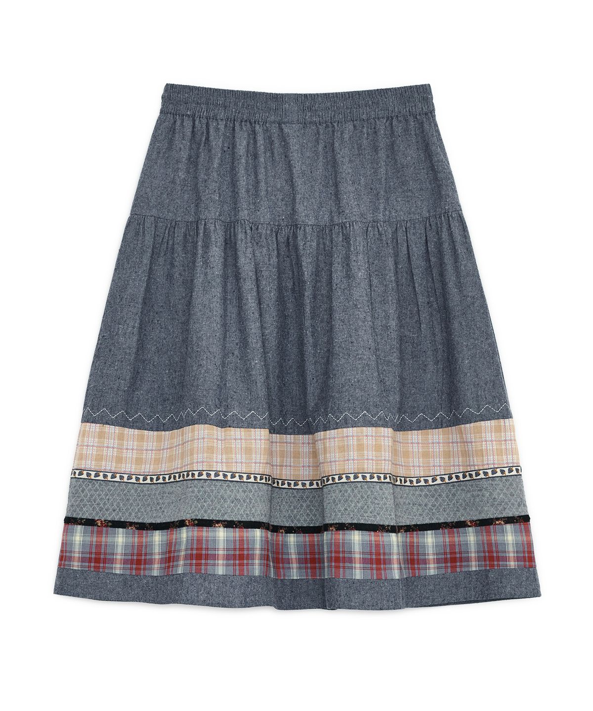 허그유어스킨(HUG YOUR SKIN) 빈티지 패턴 미디 스커트 (블루 데님)