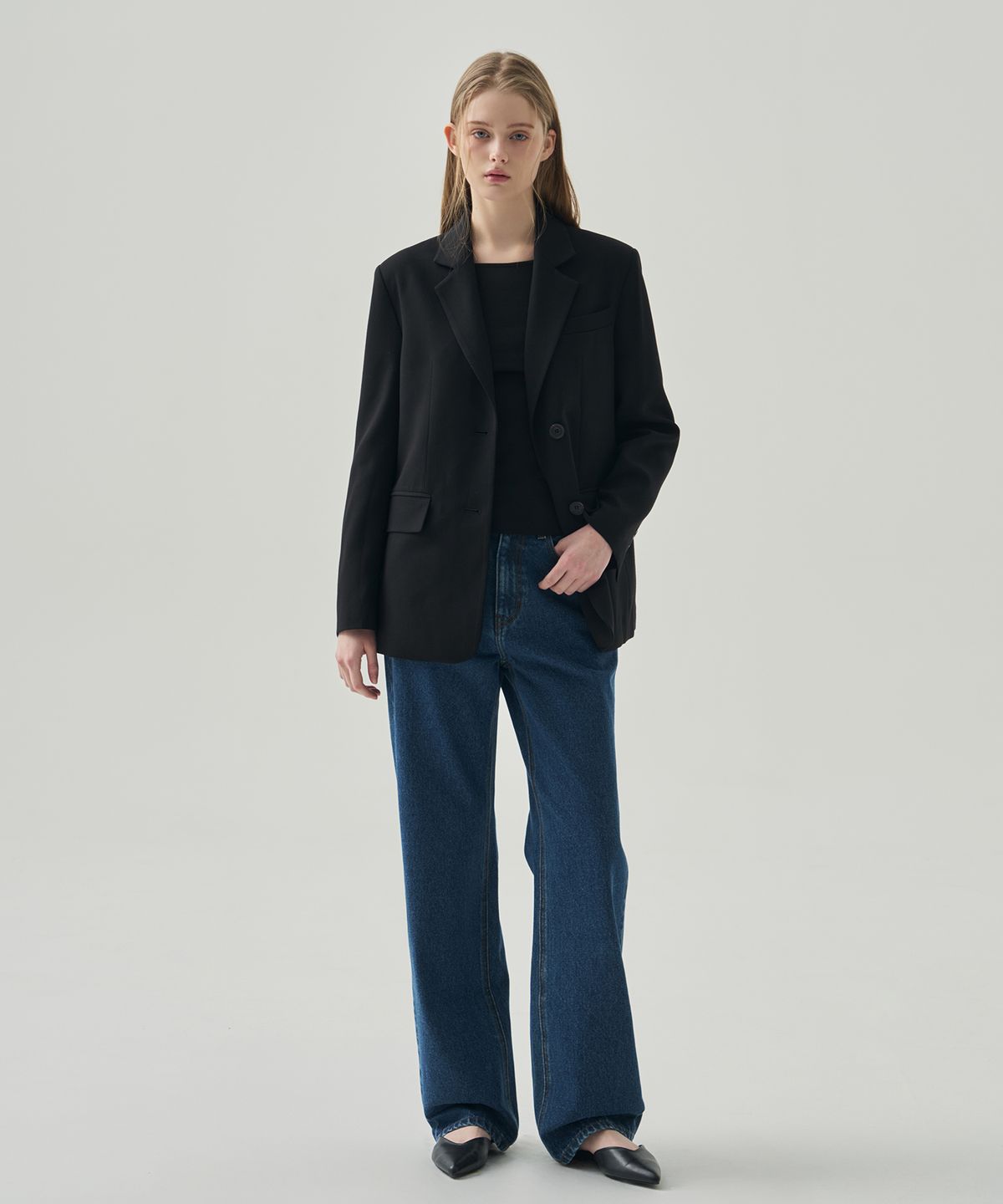 드로우핏 우먼(DRAWFIT WOMEN) 울 코튼 세미 더블 테일러드 블레이저 [BLACK]