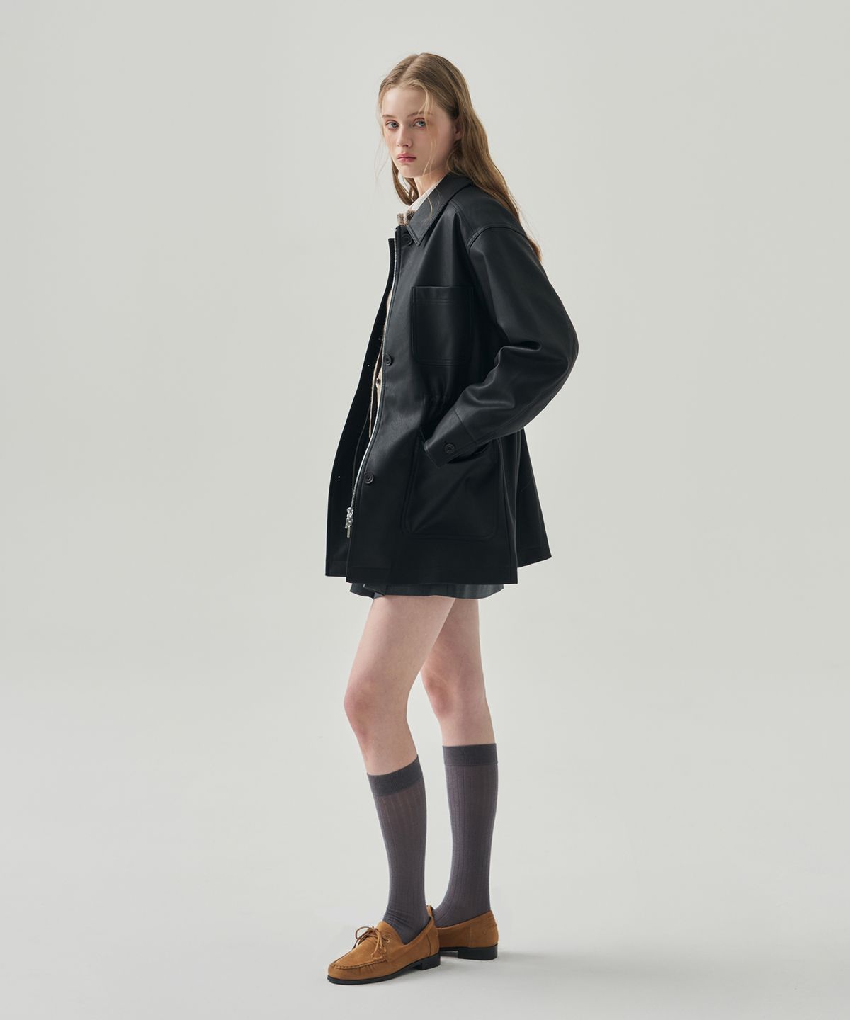 드로우핏 우먼(DRAWFIT WOMEN) 싱글 레더 하프 자켓 [BLACK]