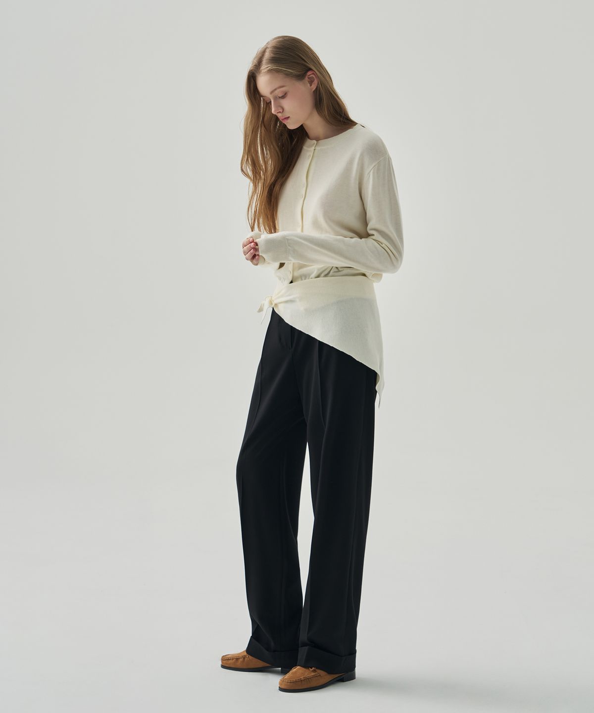 드로우핏 우먼(DRAWFIT WOMEN) 울 코튼 턴업 원턱 슬랙스 [BLACK]