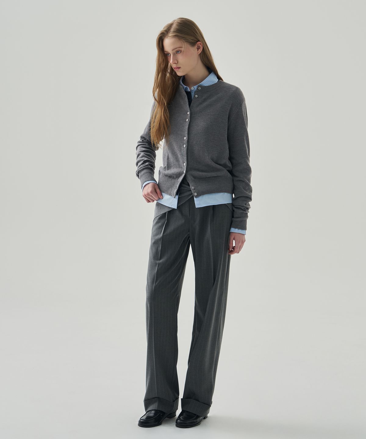 드로우핏 우먼(DRAWFIT WOMEN) 컴포트 라운드 니트 가디건 (커치프 세트) [M.GREY]