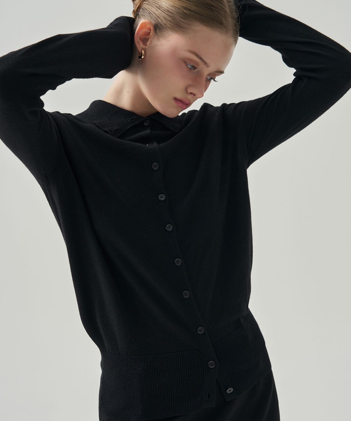 드로우핏 우먼(DRAWFIT WOMEN) 실크 울 블렌드 하이넥 니트 가디건 [M.GREY]