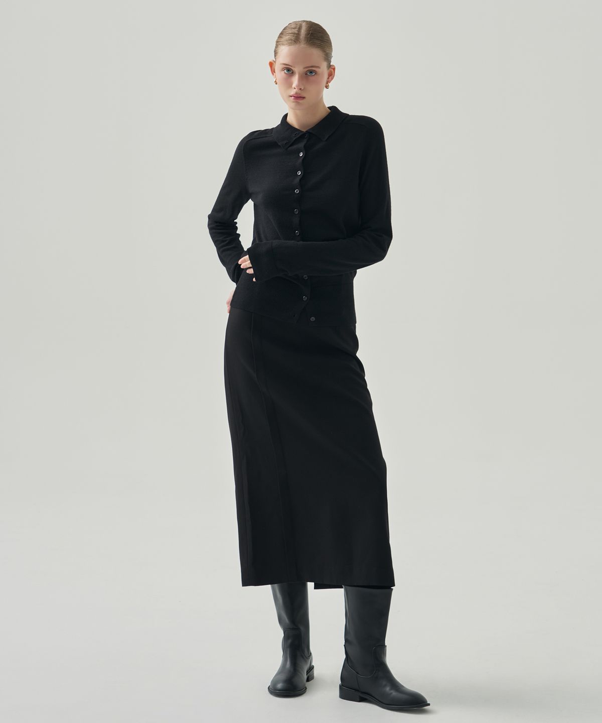 드로우핏 우먼(DRAWFIT WOMEN) 실크 울 블렌드 하이넥 니트 가디건 [M.GREY]