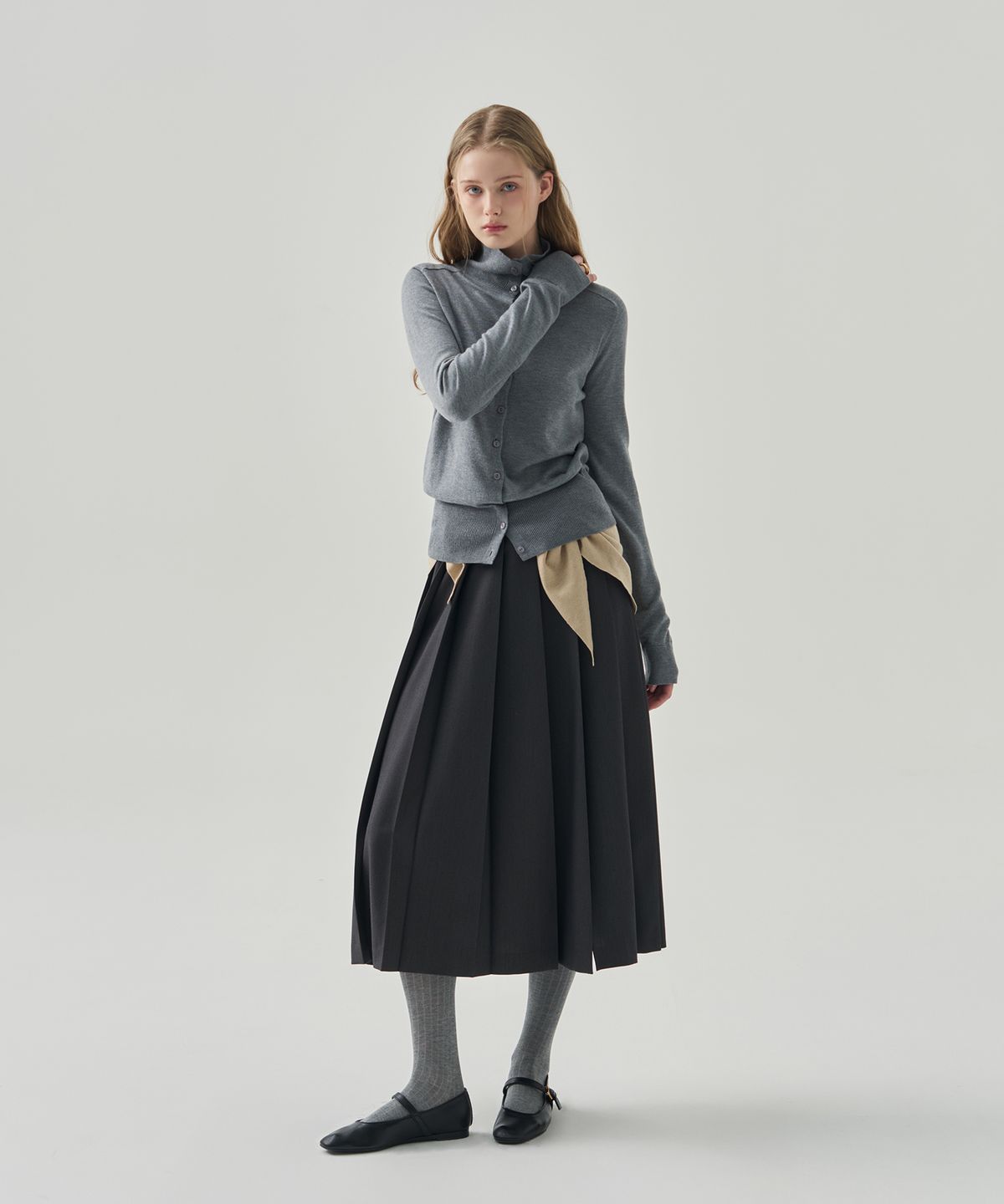 드로우핏 우먼(DRAWFIT WOMEN) 실크 울 블렌드 하이넥 니트 가디건 [M.GREY]