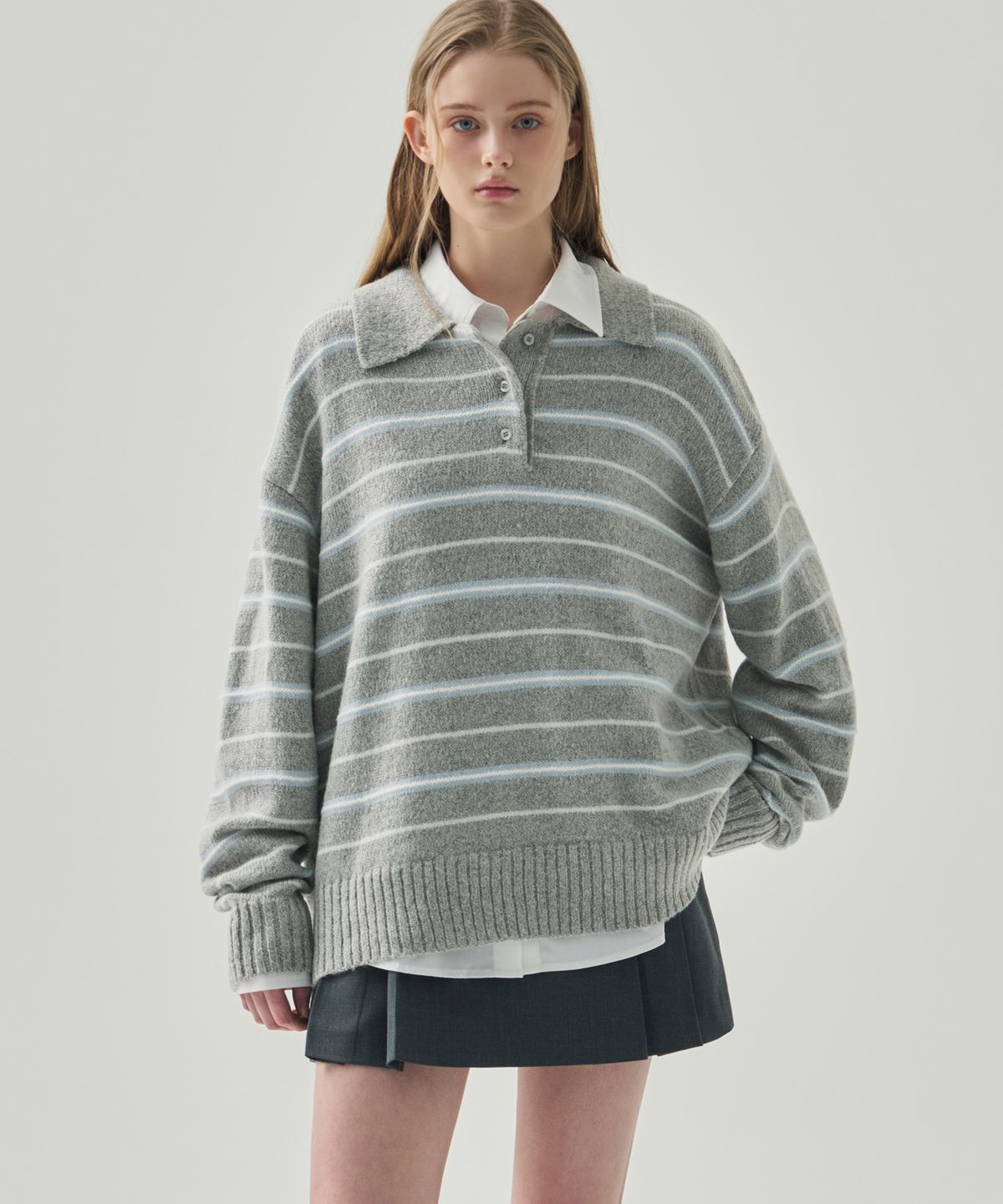 드로우핏 우먼(DRAWFIT WOMEN) 모헤어 울 스트라이프 카라 니트 [M.GREY]
