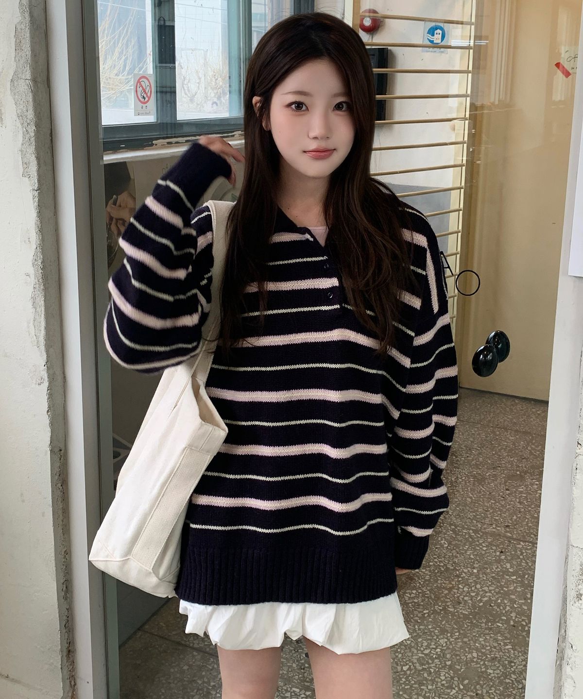 드로우핏 우먼(DRAWFIT WOMEN) 모헤어 울 스트라이프 카라 니트 [NAVY]
