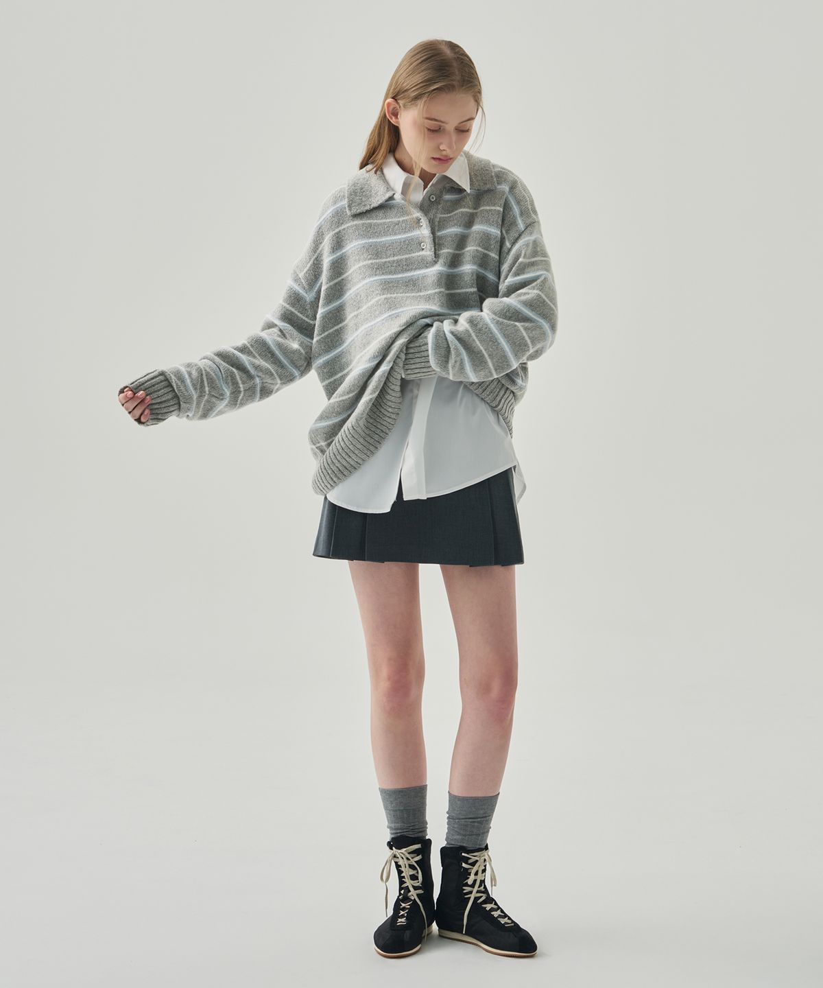 드로우핏 우먼(DRAWFIT WOMEN) 모헤어 울 스트라이프 카라 니트 [BEIGE]