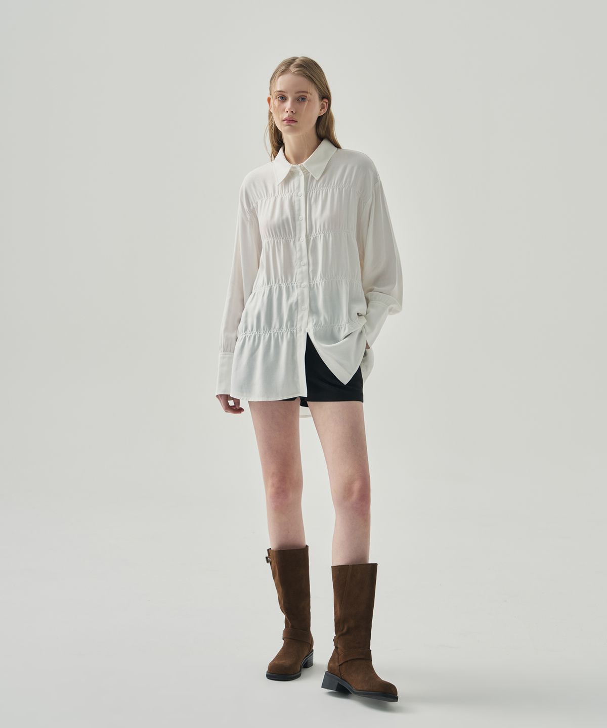 드로우핏 우먼(DRAWFIT WOMEN) 세렌느 웨이브 셔링 셔츠 [WHITE]