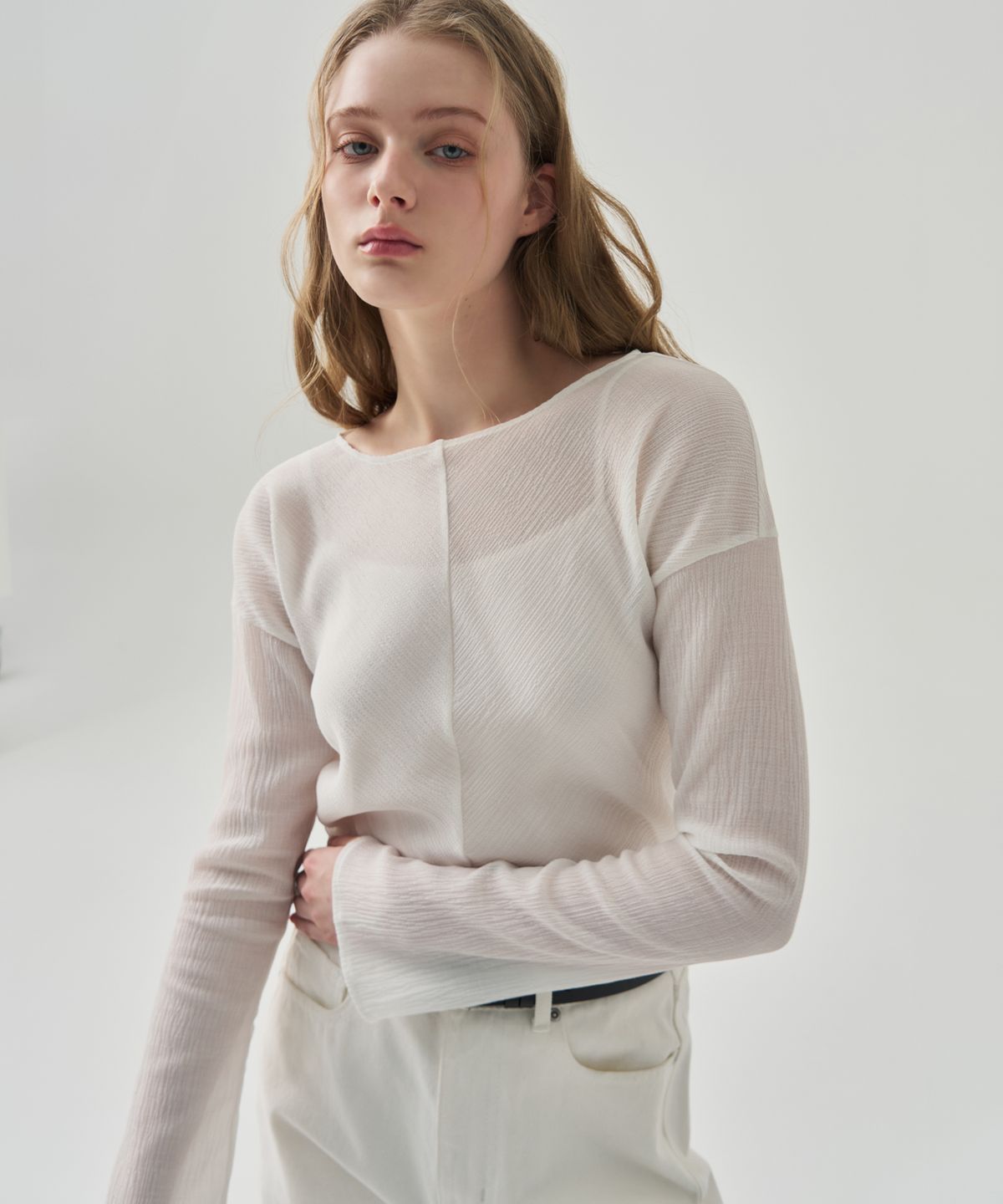드로우핏 우먼(DRAWFIT WOMEN) 프로아 보트넥 플리츠 탑 [IVORY]