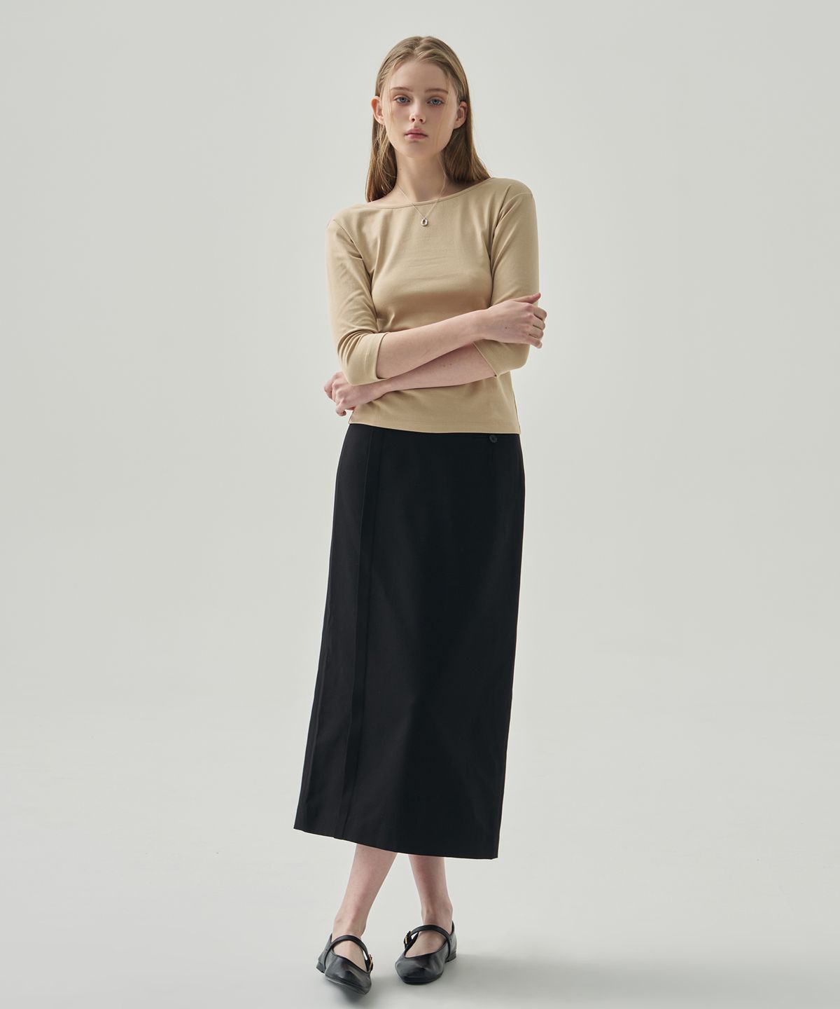 드로우핏 우먼(DRAWFIT WOMEN) 소프트 베이직 보트넥 티셔츠 [BEIGE]