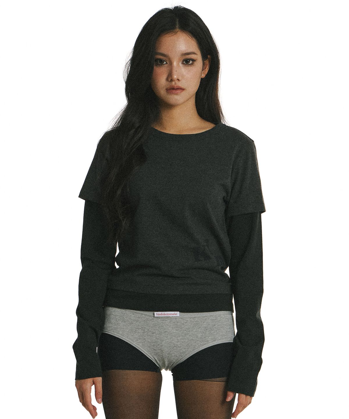 킴스 프레시 코튼 마켓(KIMS FRESH COTTON MARKET) Below Messy Layered LS Tee Charcoal