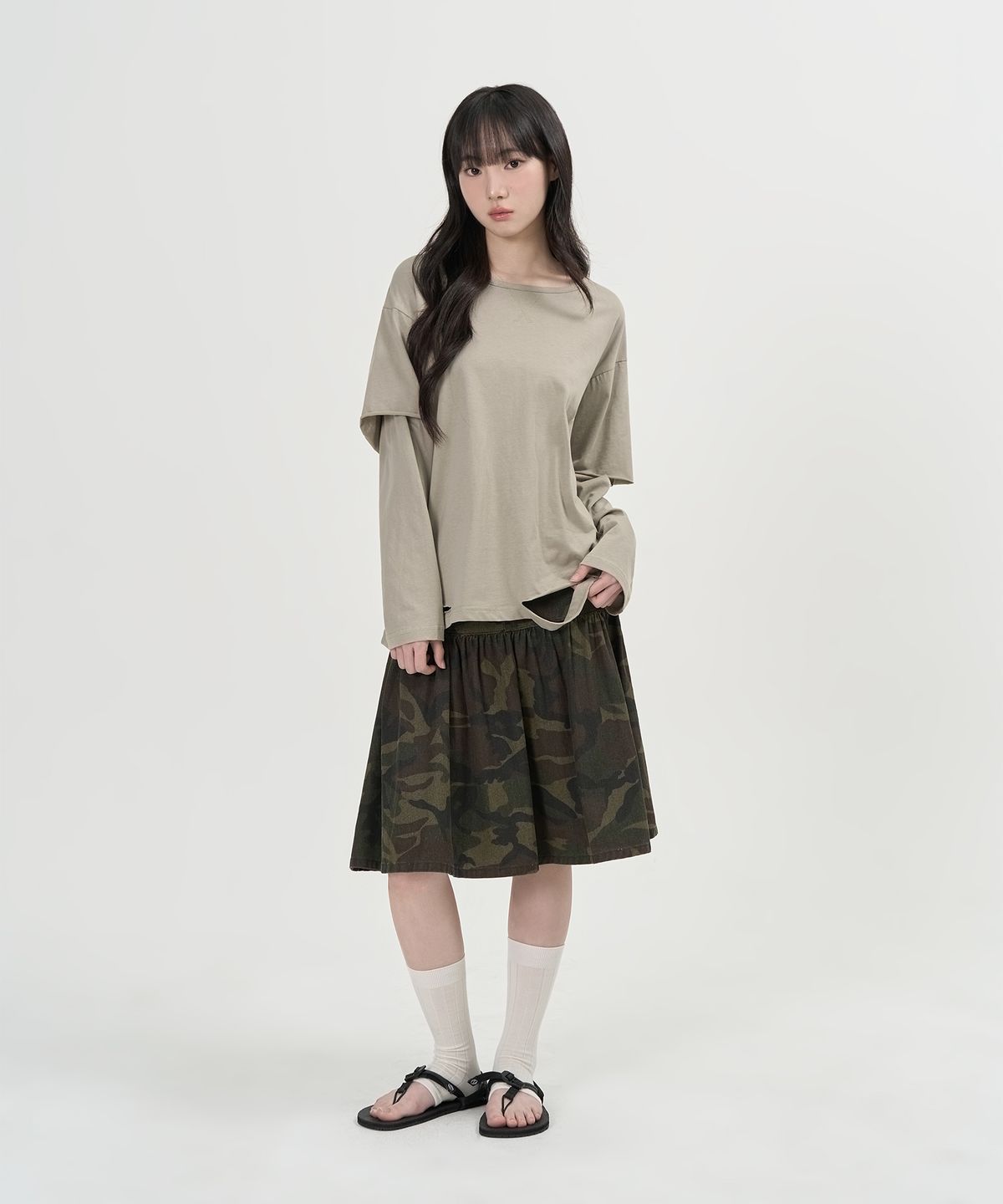 토피 우먼(TOFFEE WOMEN) W 대미지 레이어드 롱슬리브 (SAGE GREEN)