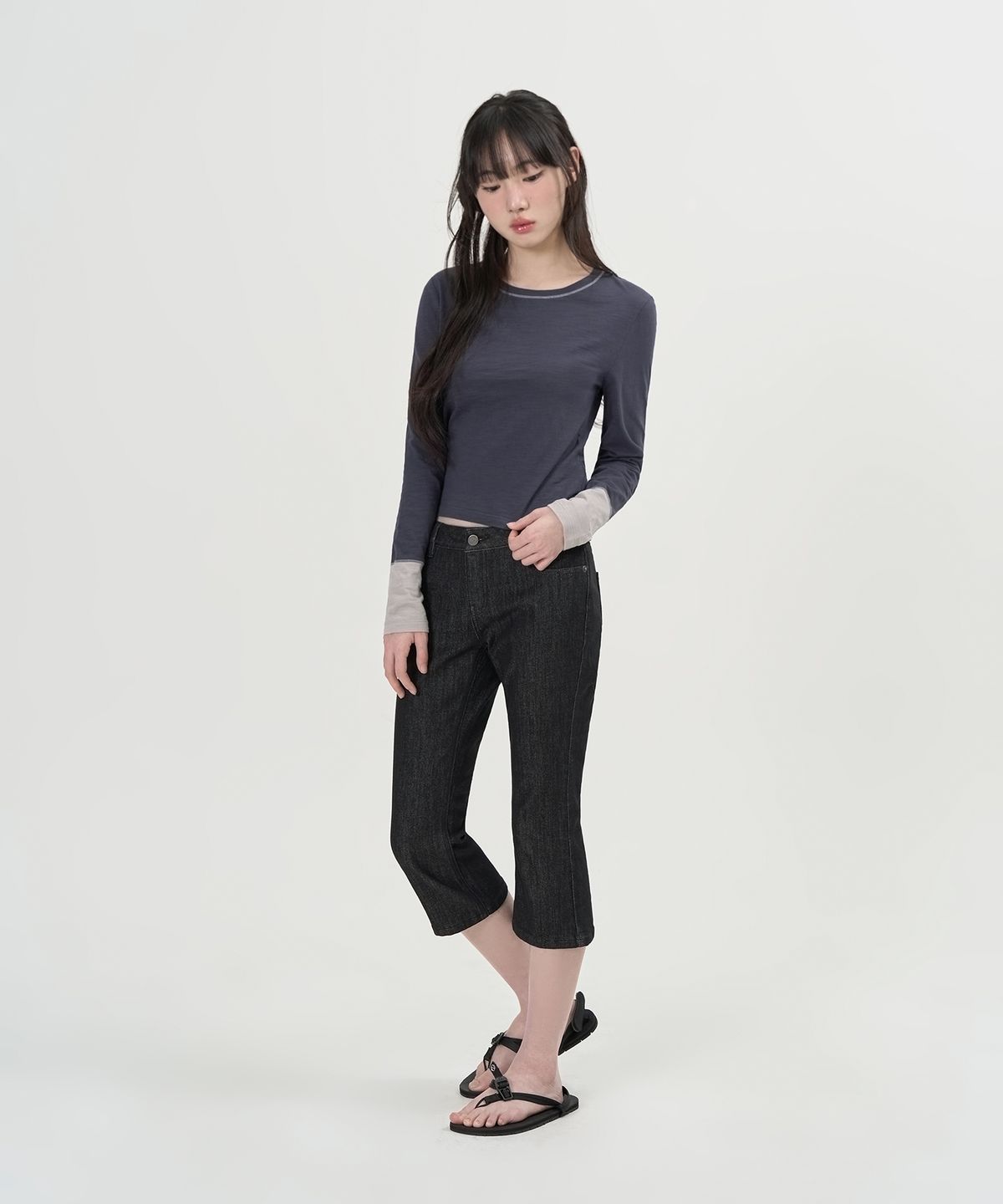 토피 우먼(TOFFEE WOMEN) W  롱 슬리브 커프스 티셔츠 (NAVY)