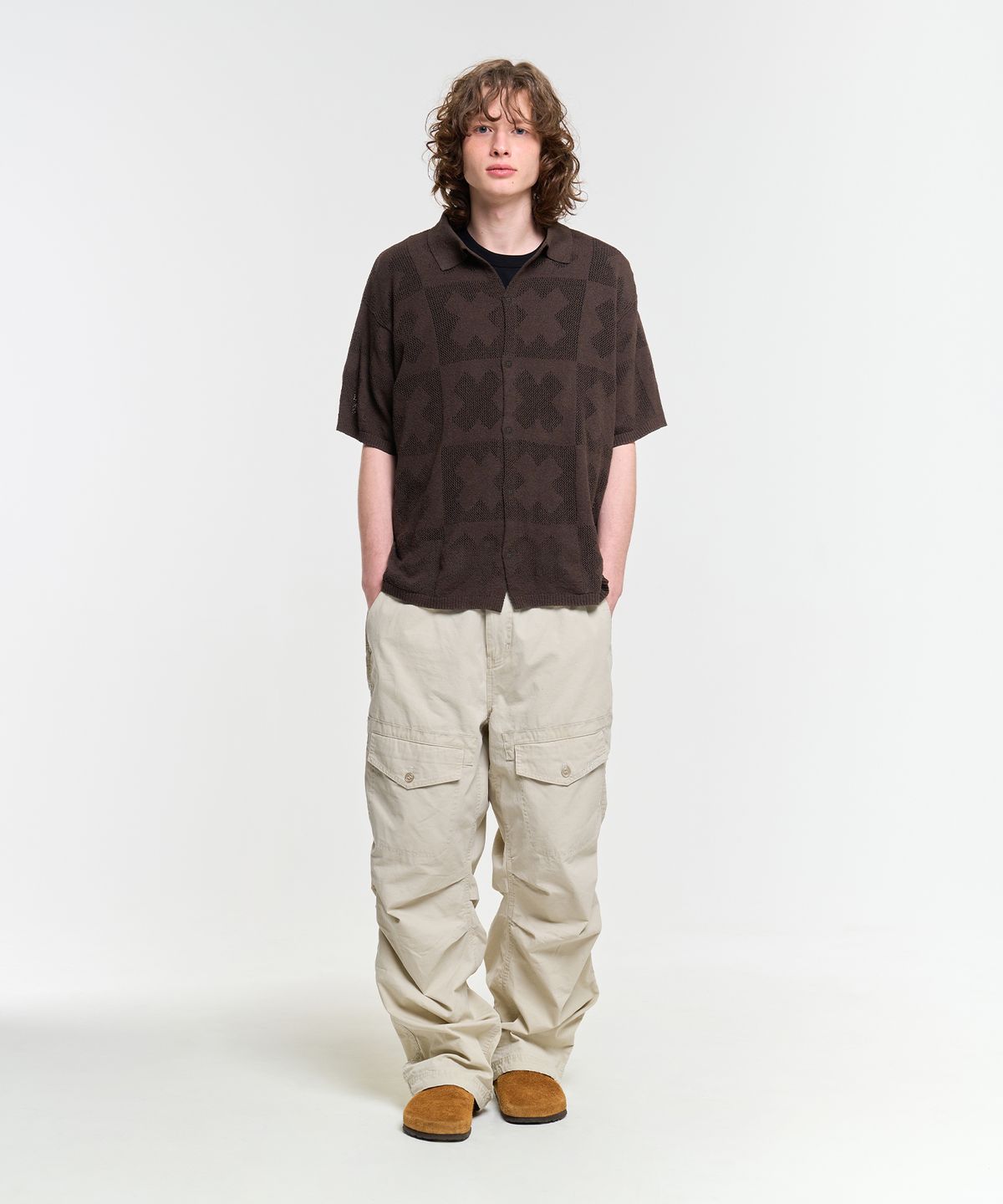 에이카화이트(AECA) CLOVER CROCHET HALF SLEEVE KNIT CARDIGAN-BROWN