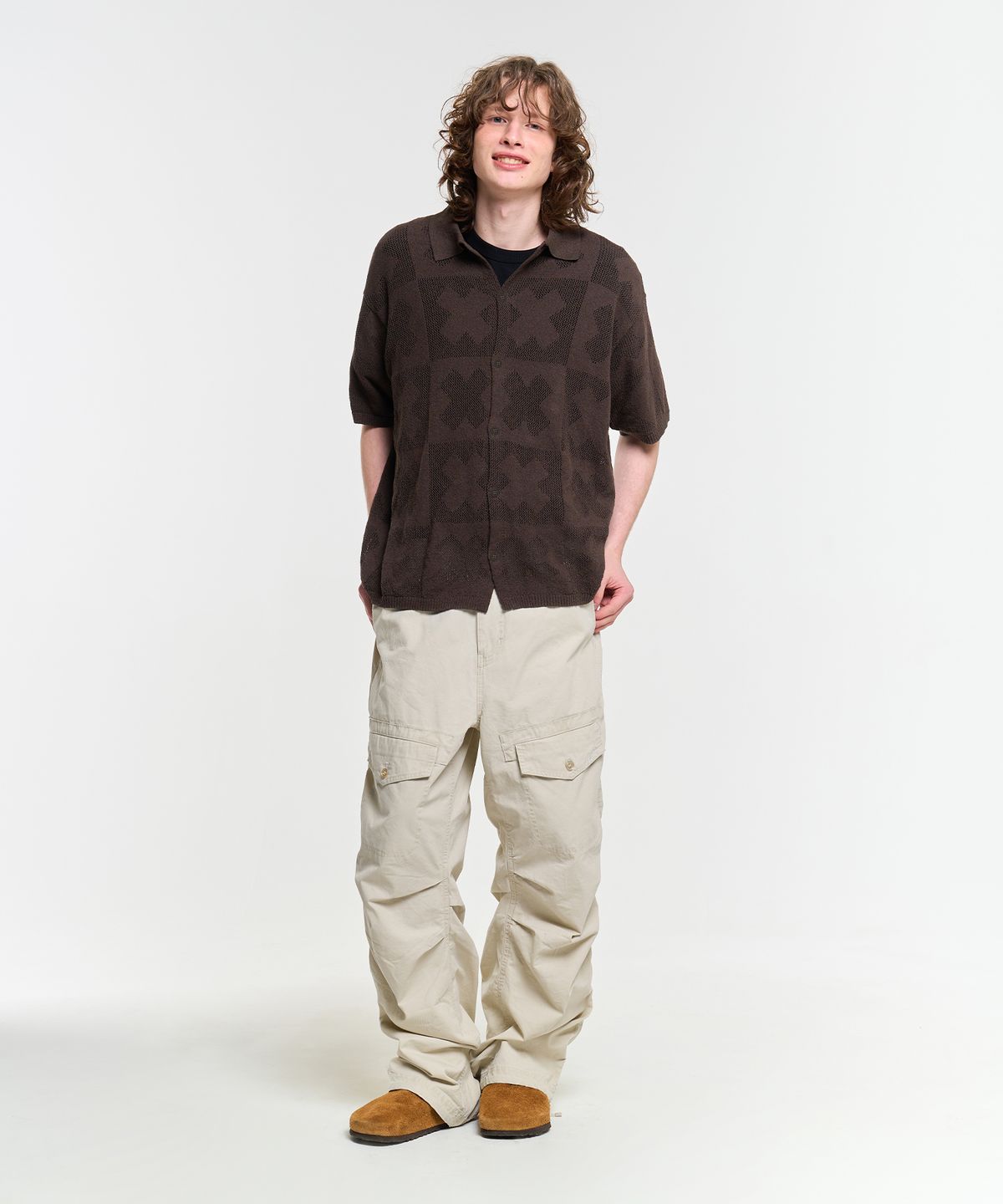 에이카화이트(AECA) CLOVER CROCHET HALF SLEEVE KNIT CARDIGAN-BROWN