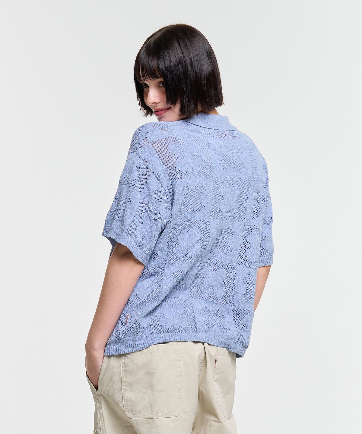 에이카화이트(AECA) CLOVER CROCHET HALF SLEEVE KNIT CARDIGAN-LIGHT BLUE