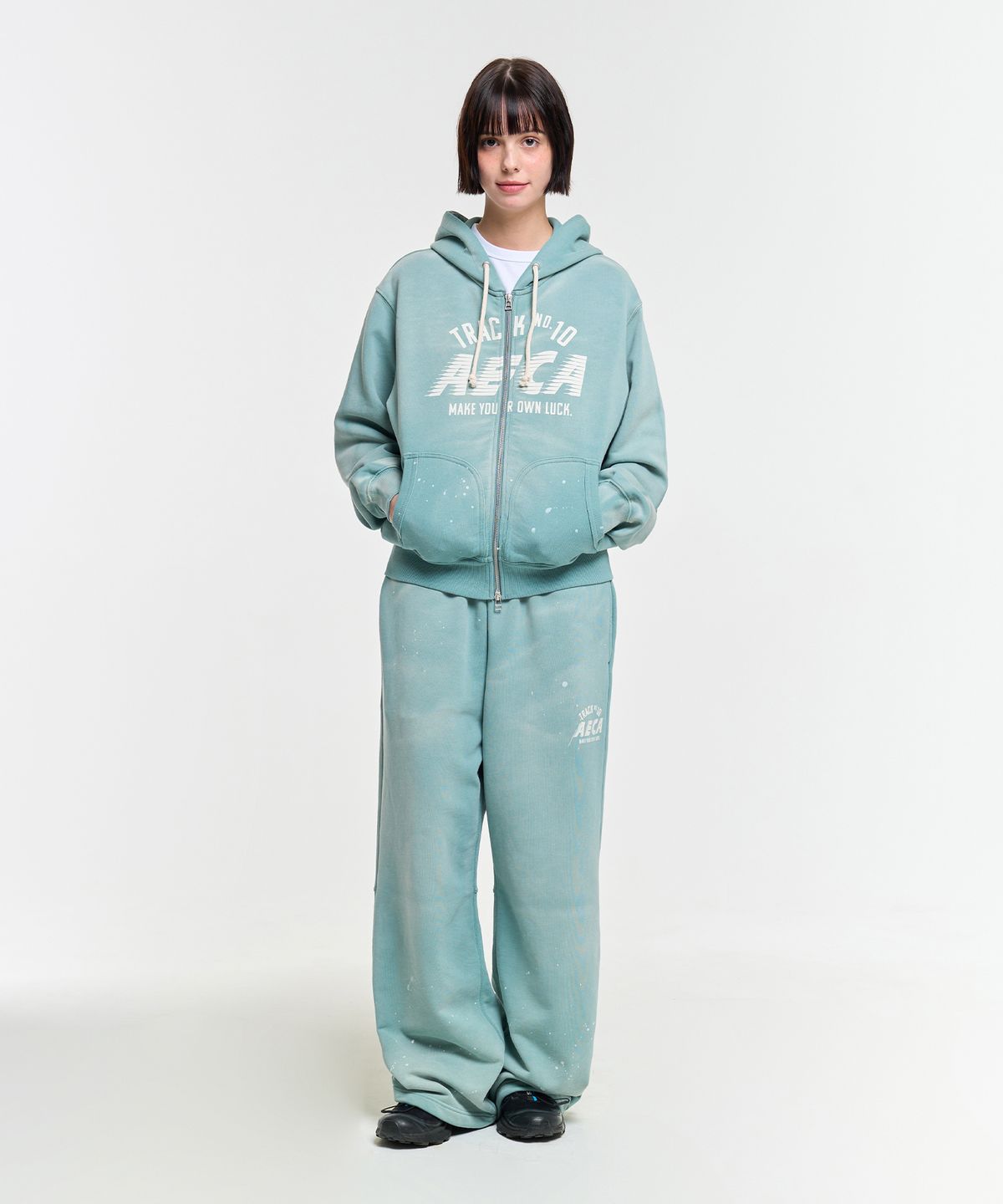 에이카화이트(AECA) AECA TRACK NO.10 PAINTED ZIP-UP HOODIE-GREEN