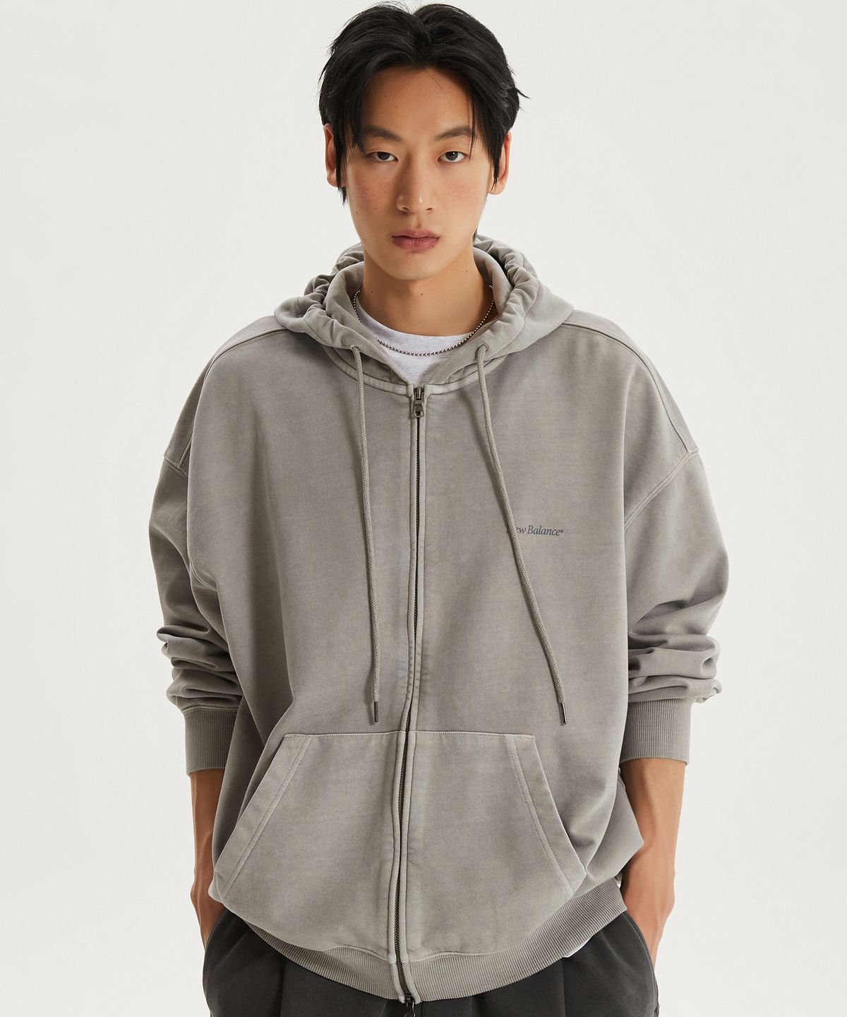 뉴발란스(NEW BALANCE) NBMDG11223 / UNI Ndurance 레터링 워시드 논기모 후드집업 (ASH GRAY)