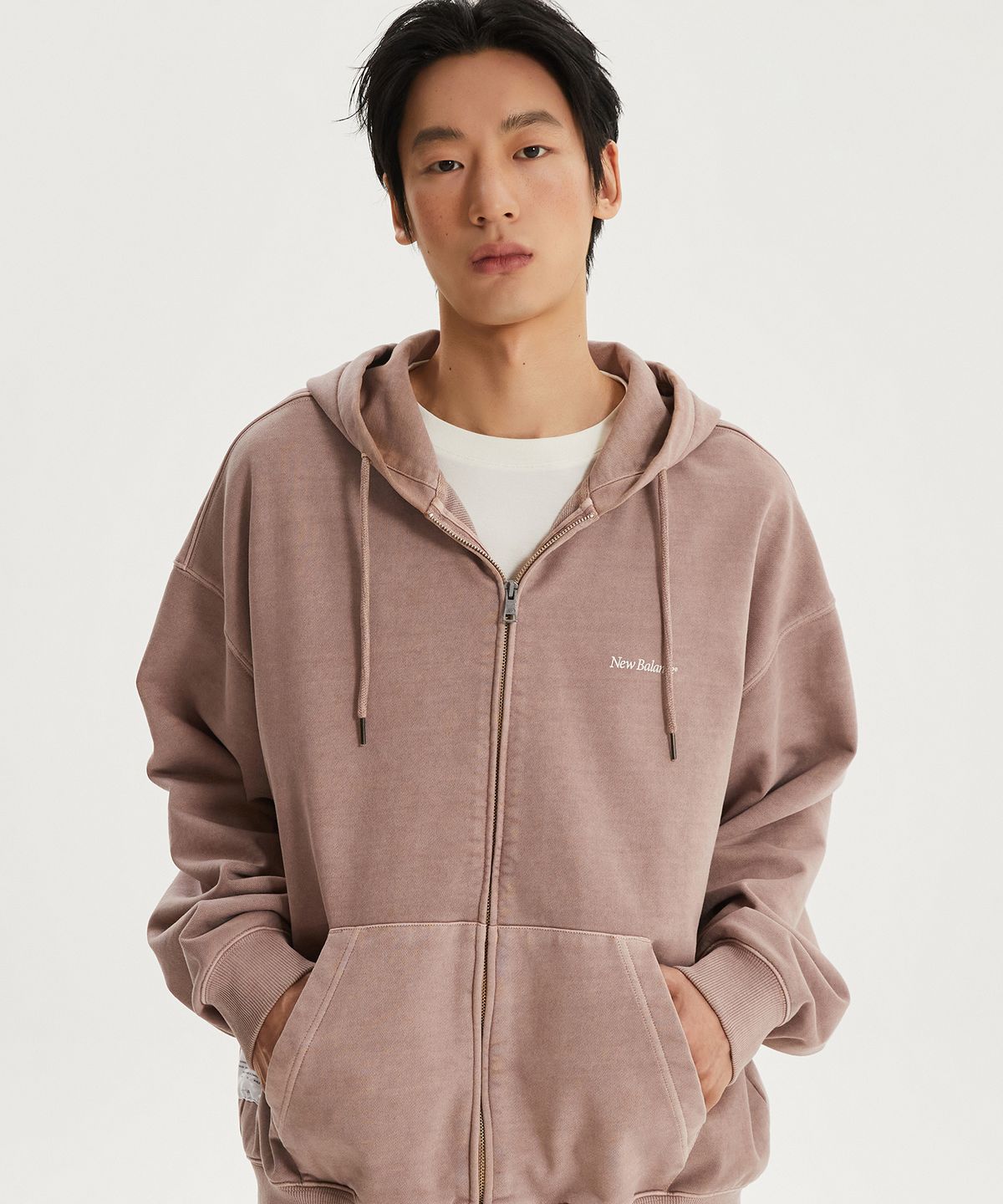 뉴발란스(NEW BALANCE) NBMDG11223 / UNI Ndurance 레터링 워시드 논기모 후드집업 (GRAY PINK)