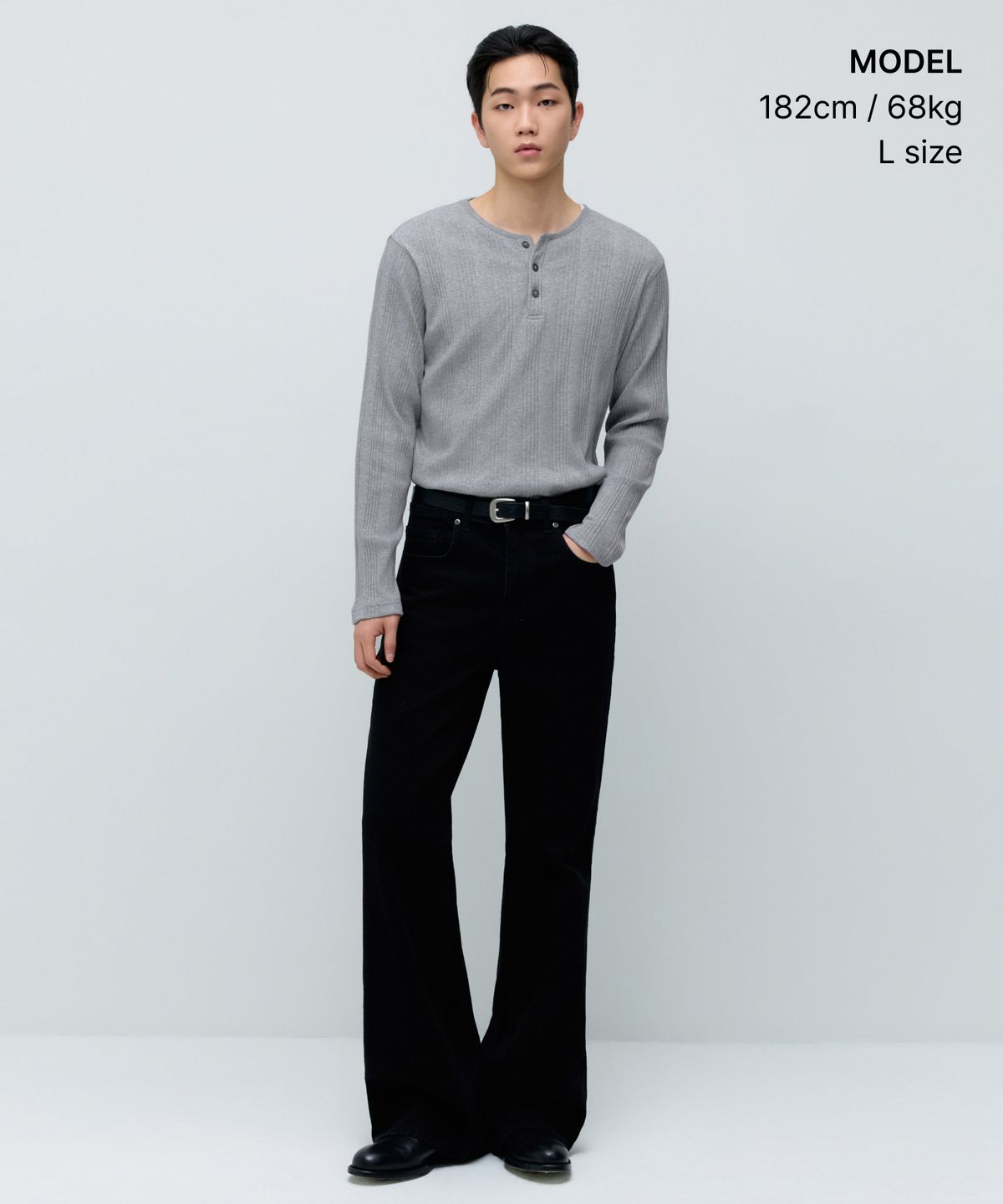 무신사 스탠다드(MUSINSA STANDARD) 멀티 리브드 헨리 넥 긴소매 티셔츠 [미디엄 그레이]