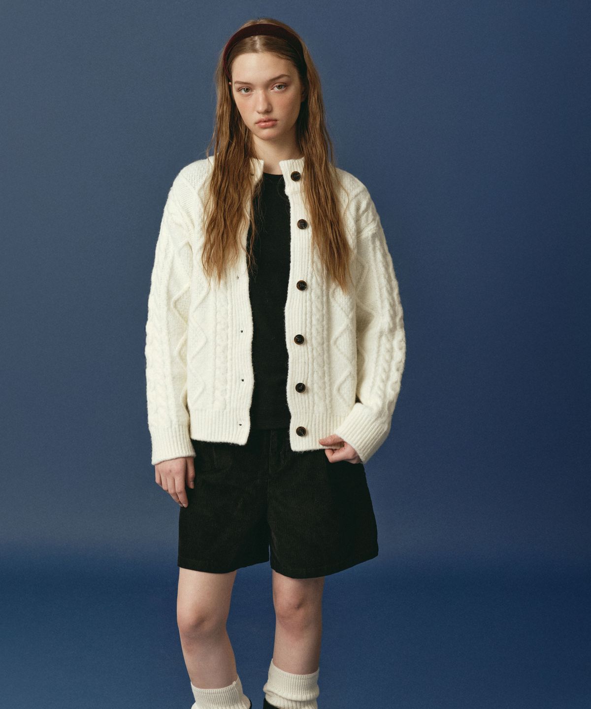 로시로우(LOSSYROW) Chunky Cable Knit Cardigan Ivory