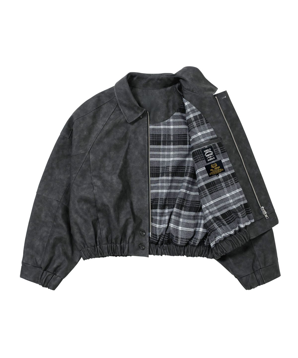 아조바이아조(AJOBYAJO) [POG:SERVICE x AJOBYAJO] Faded Panel Faux Leather Jacket [BLACK]