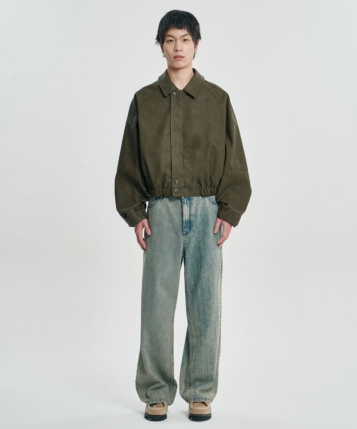 아조바이아조(AJOBYAJO) [POG:SERVICE x AJOBYAJO] Faded Panel Faux Leather Jacket [KHAKI]