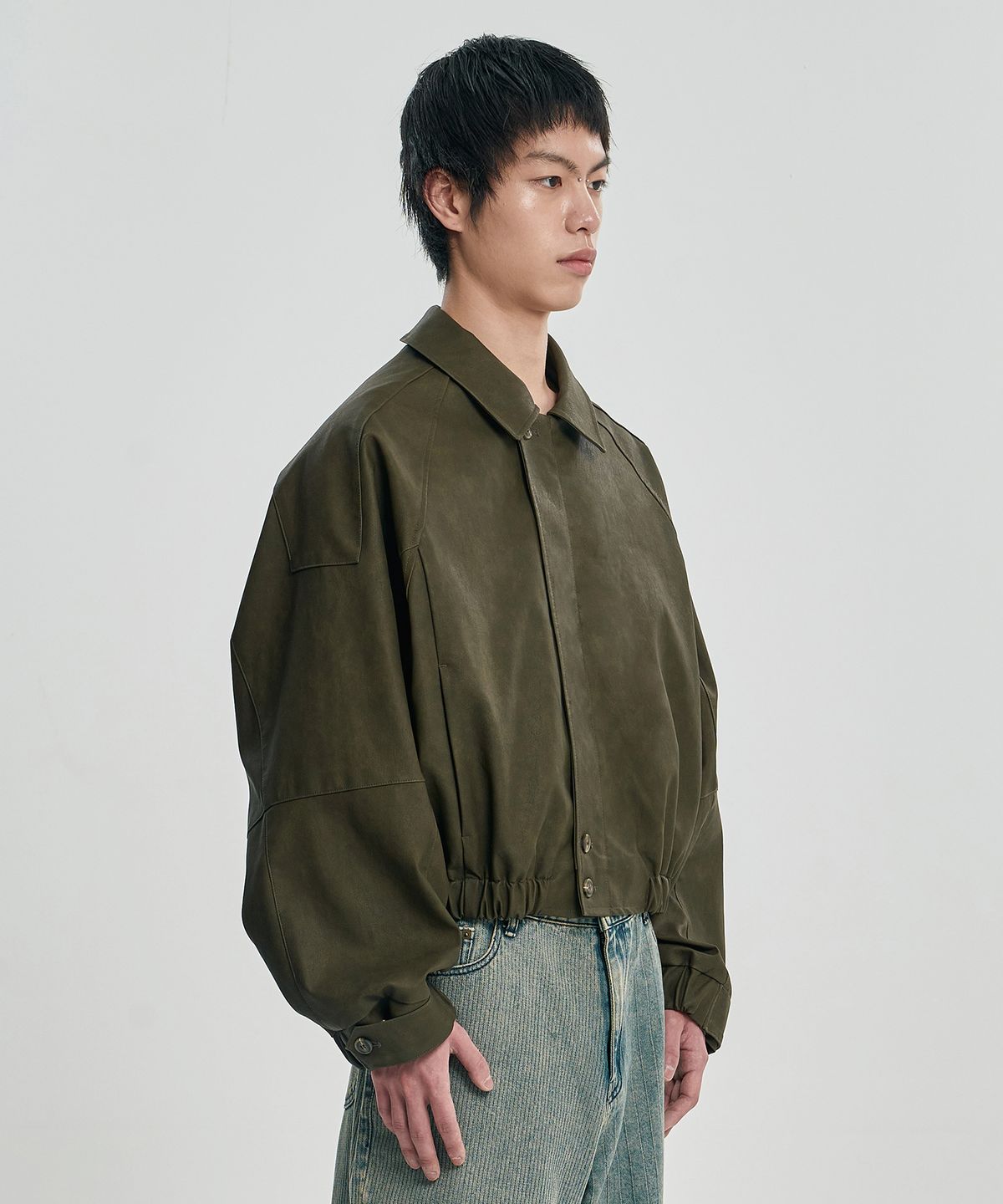 아조바이아조(AJOBYAJO) [POG:SERVICE x AJOBYAJO] Faded Panel Faux Leather Jacket [KHAKI]