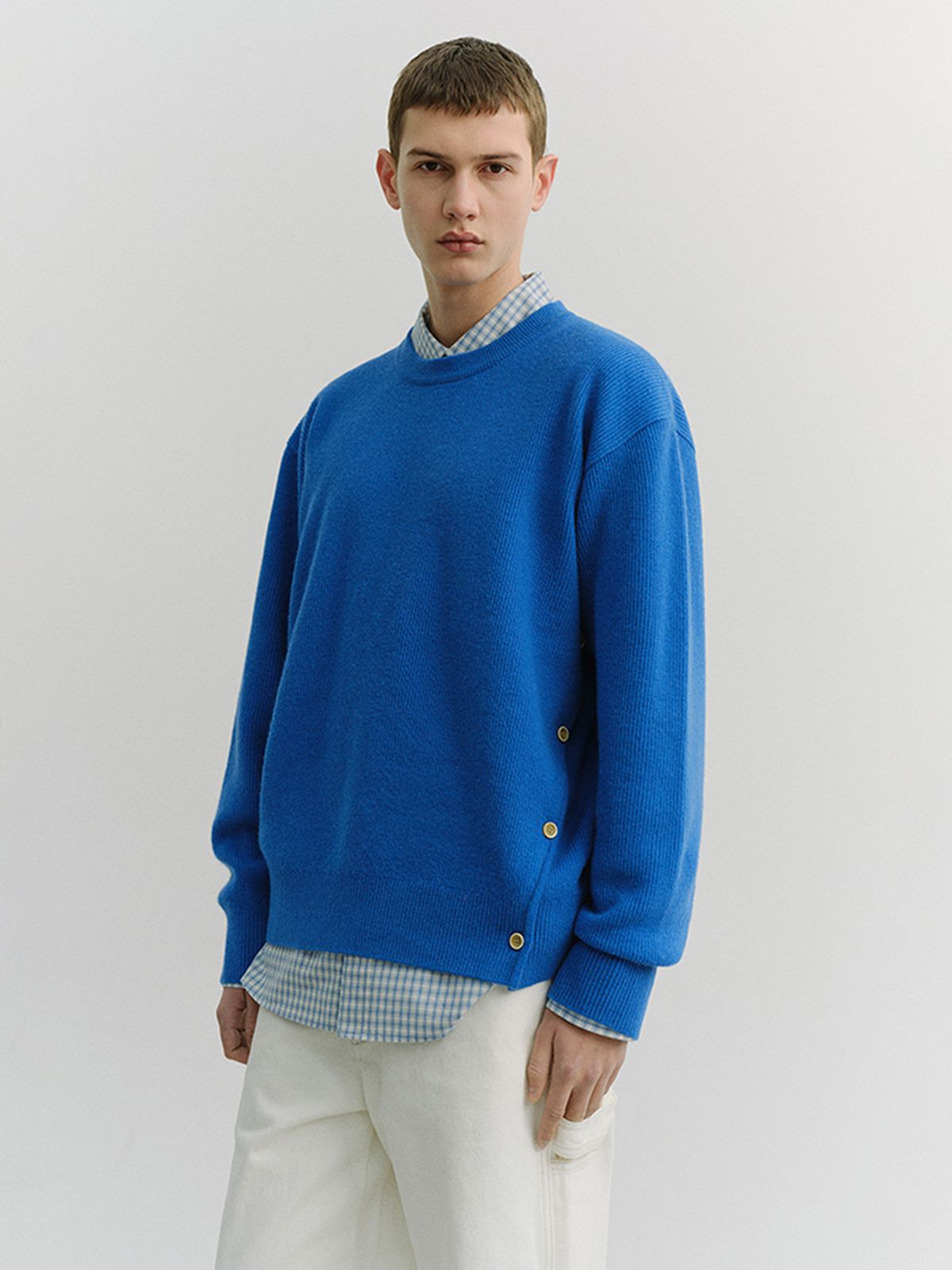 던스트 포 맨(DUNST FOR MEN) BUTTONED CREWNECK SWEATER_UNISEX_UDSW6A107_BLUE