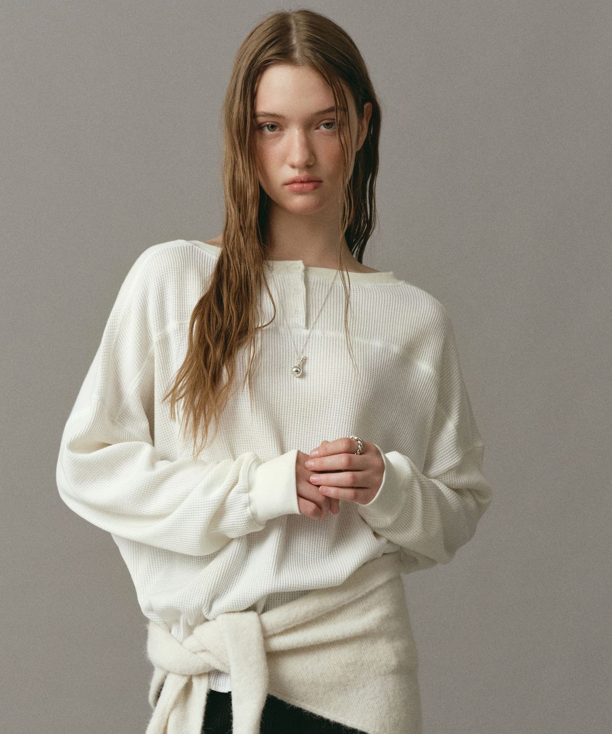 로시로우(LOSSYROW) Two-Way Waffle Long Sleeve Cream