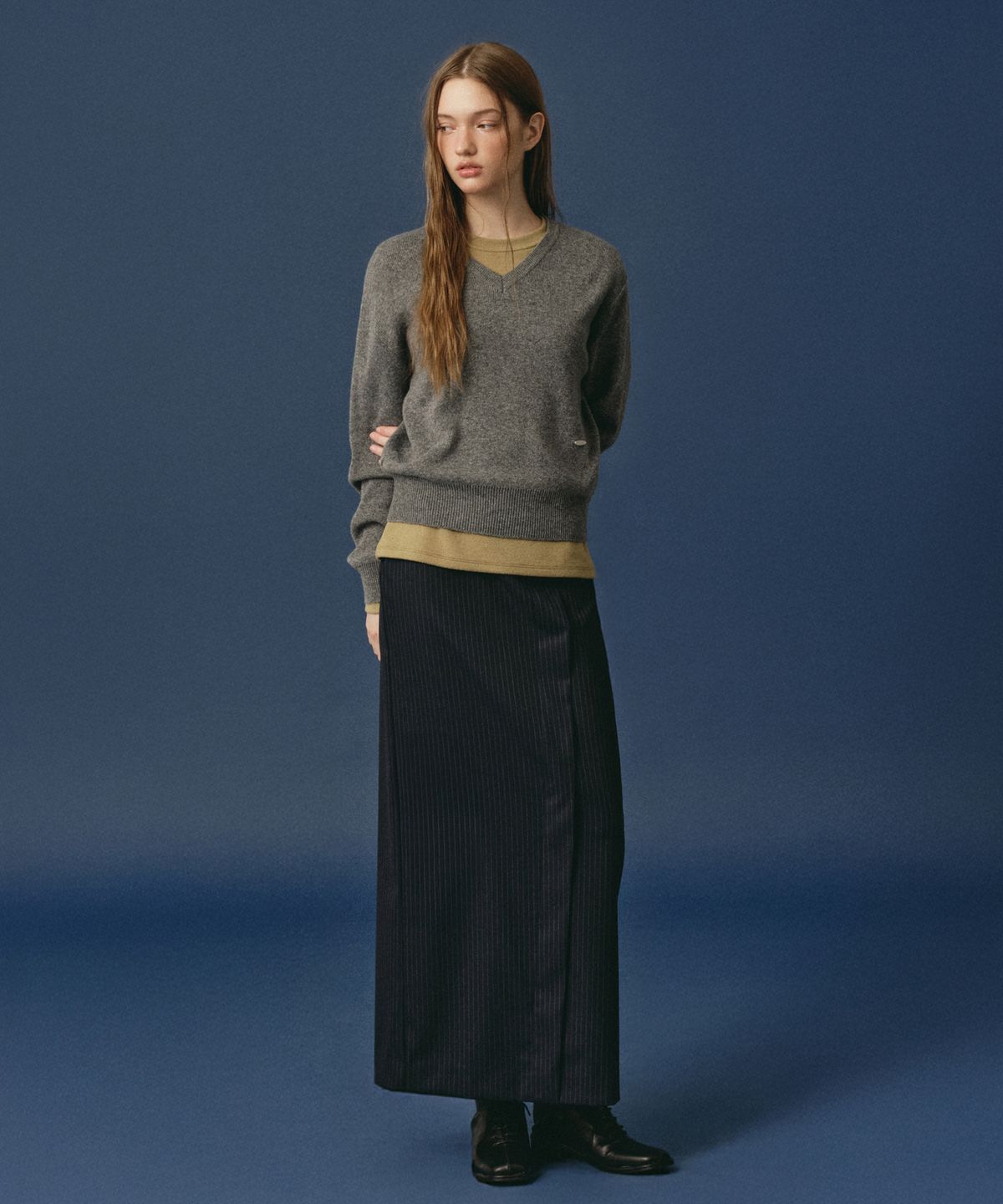 로시로우(LOSSYROW) Stripe Wrap Skirt Navy