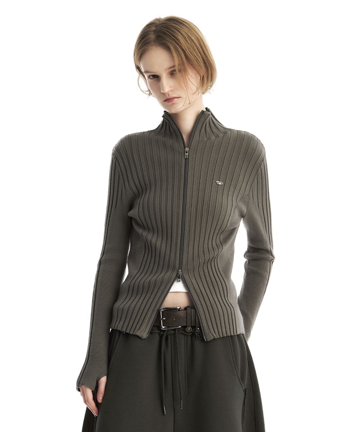 트리밍버드(TREEMINGBIRD) TMB High-Neck Knit Zip-Up Cardigan [ Khaki Gray ]