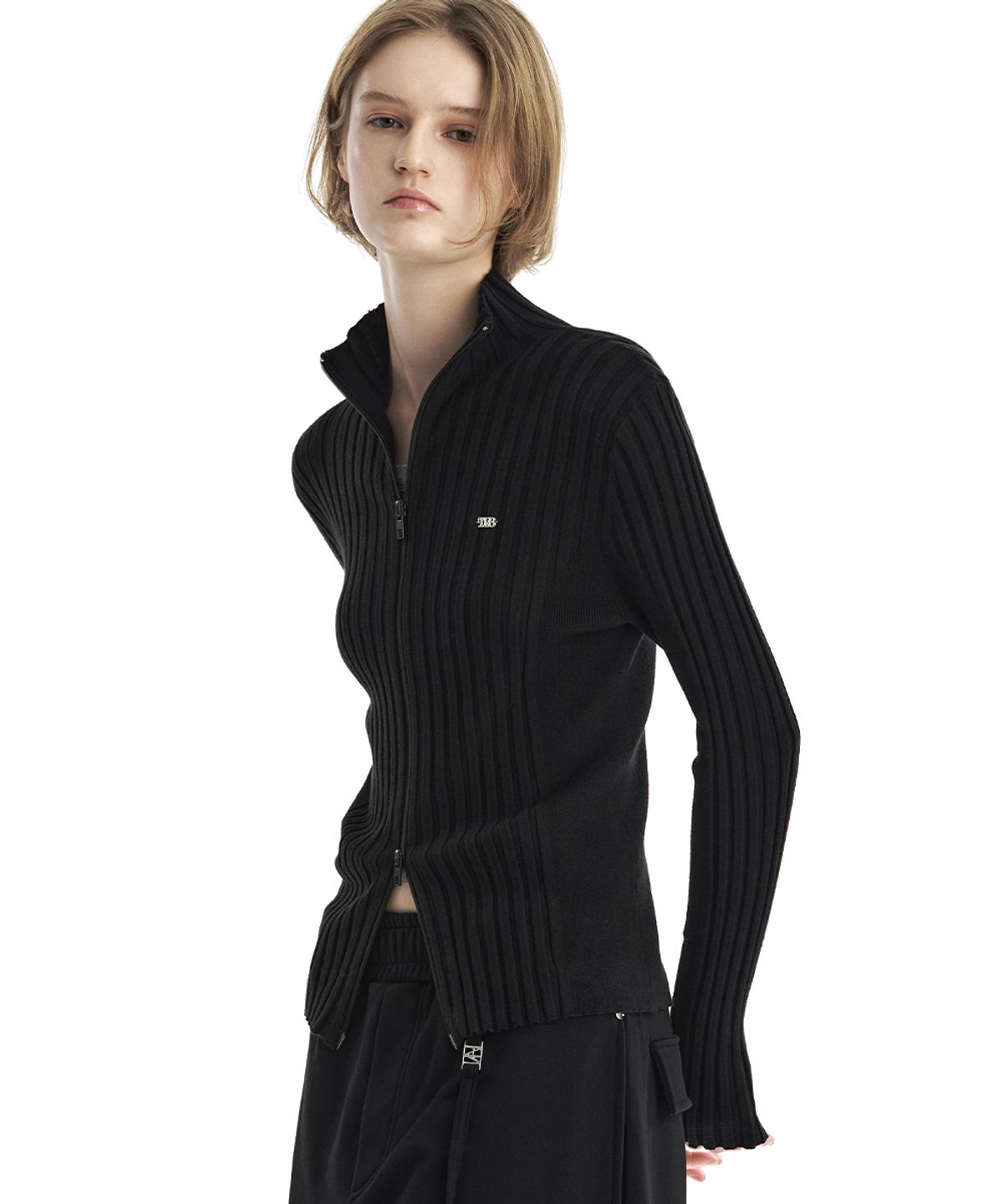 트리밍버드(TREEMINGBIRD) TMB High-Neck Knit Zip-Up Cardigan [ Black ]