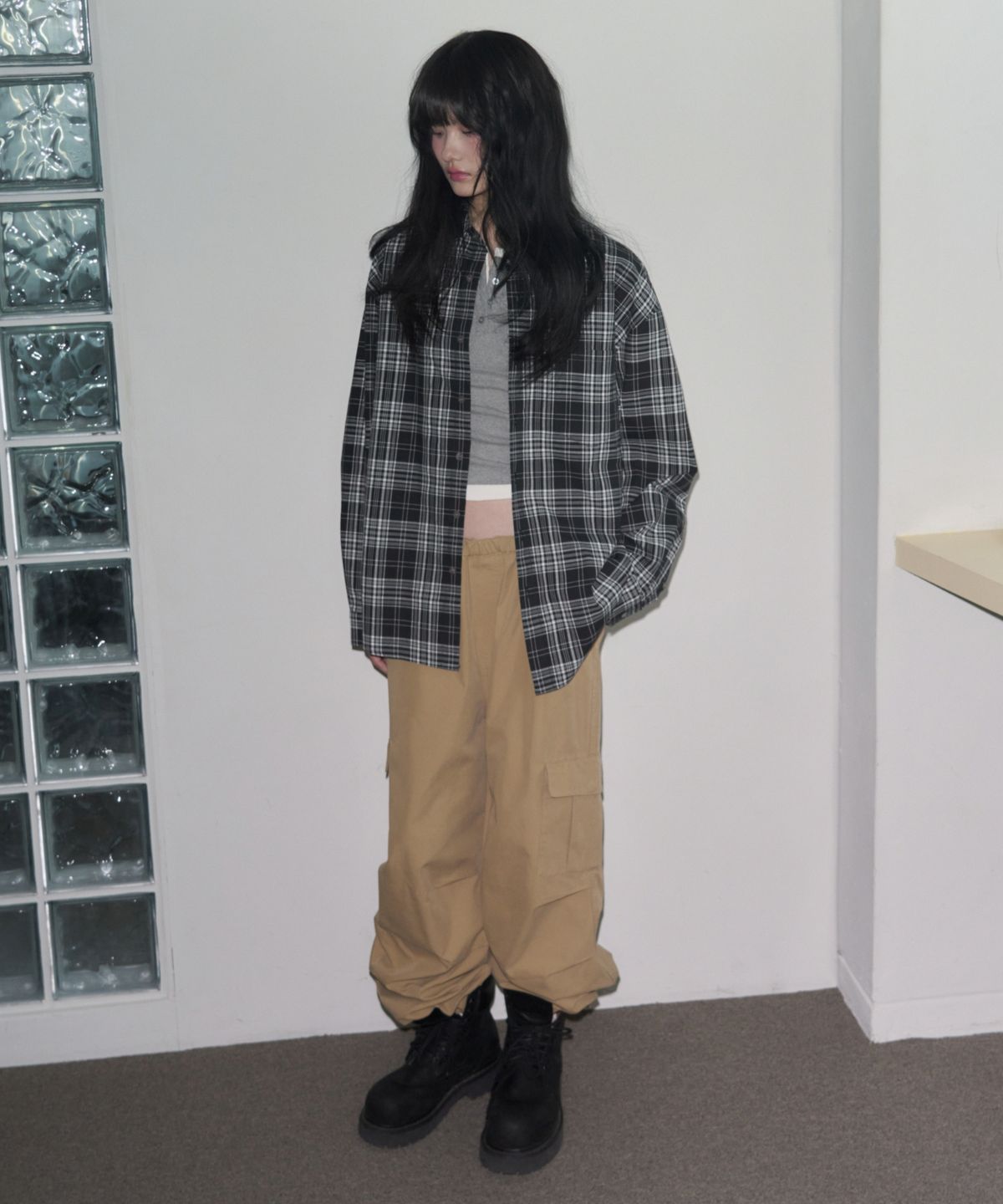 레더리(LEATHERY) 마일로 오버핏 체크 셔츠 [BLACK]