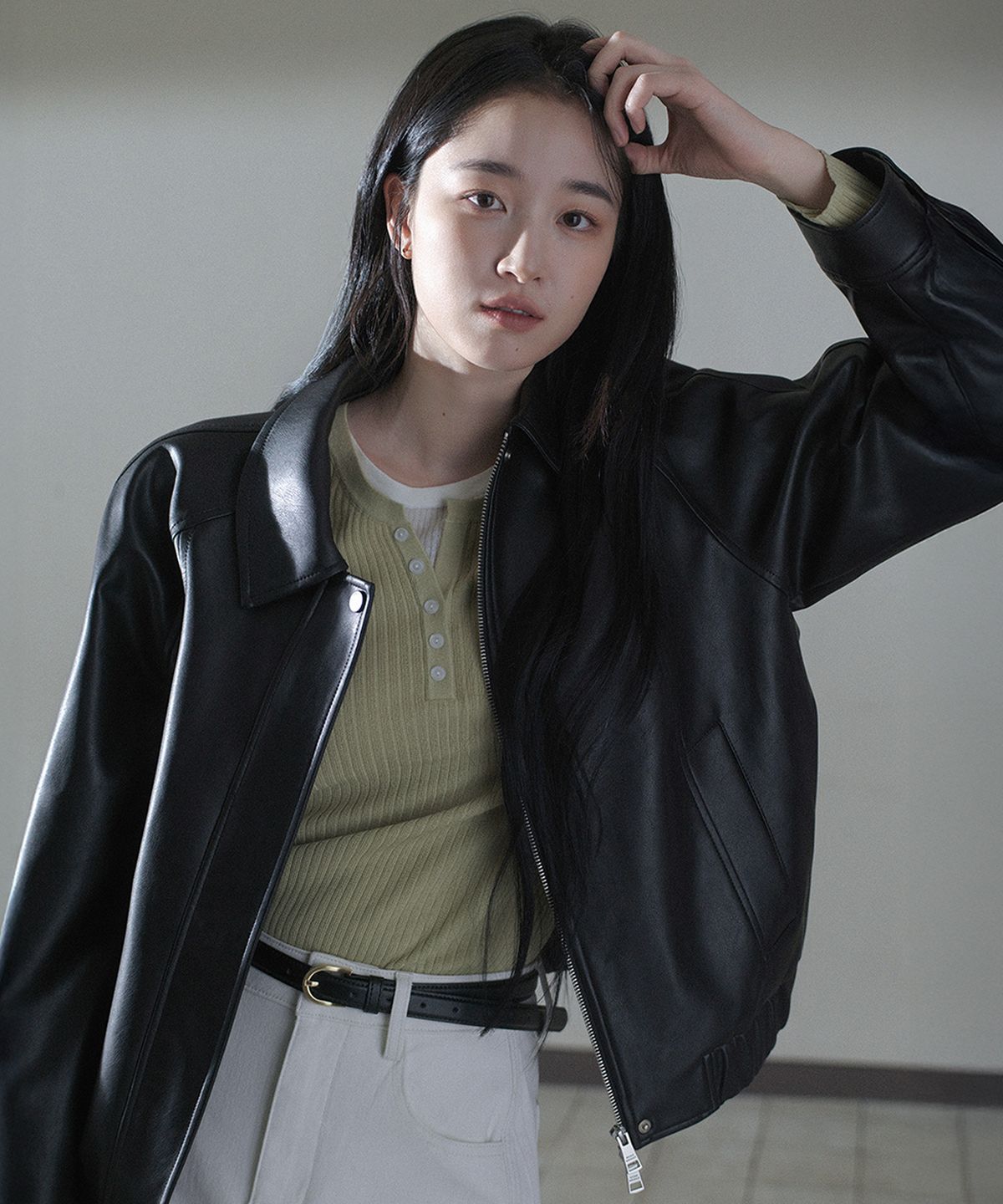 마인드브릿지 우먼(MIND BRIDGE WOMEN) [W]블랙 레더 블루종 오버핏 점퍼