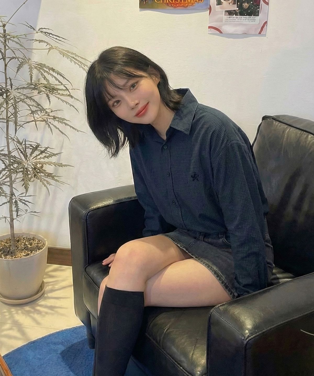 칙스(CHICKS) 마이크로 체크 오버핏 셔츠 네이비