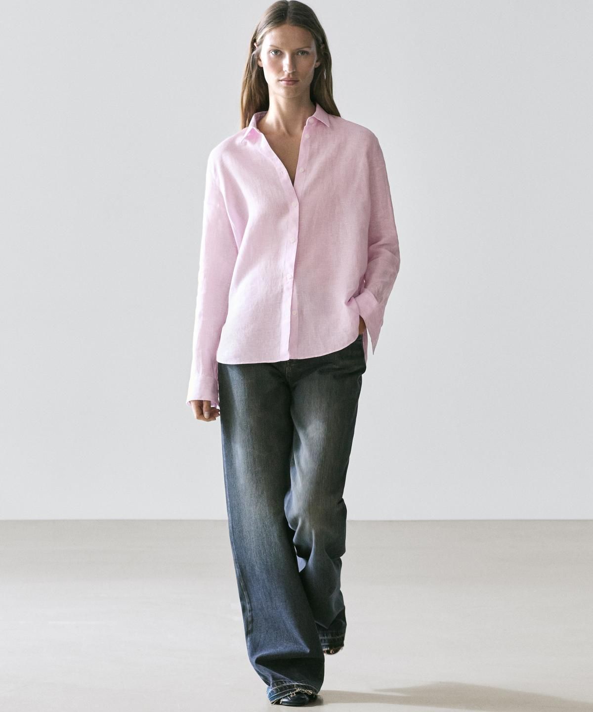 마시모두띠(MASSIMO DUTTI) 100% 린넨 핀스트라이프 프린트 루즈핏 셔츠