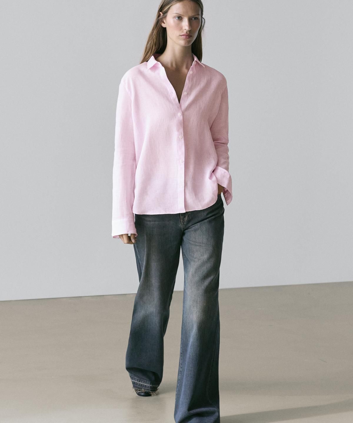 마시모두띠(MASSIMO DUTTI) 100% 린넨 핀스트라이프 프린트 루즈핏 셔츠