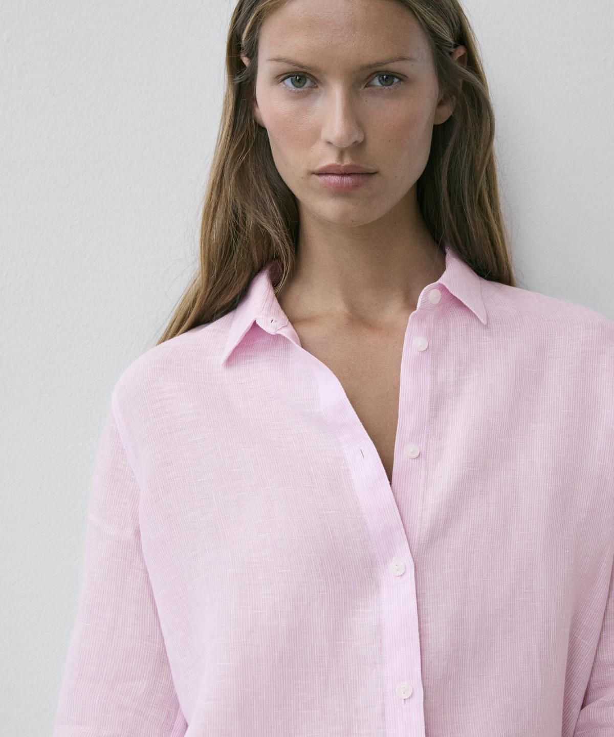 마시모두띠(MASSIMO DUTTI) 100% 린넨 핀스트라이프 프린트 루즈핏 셔츠